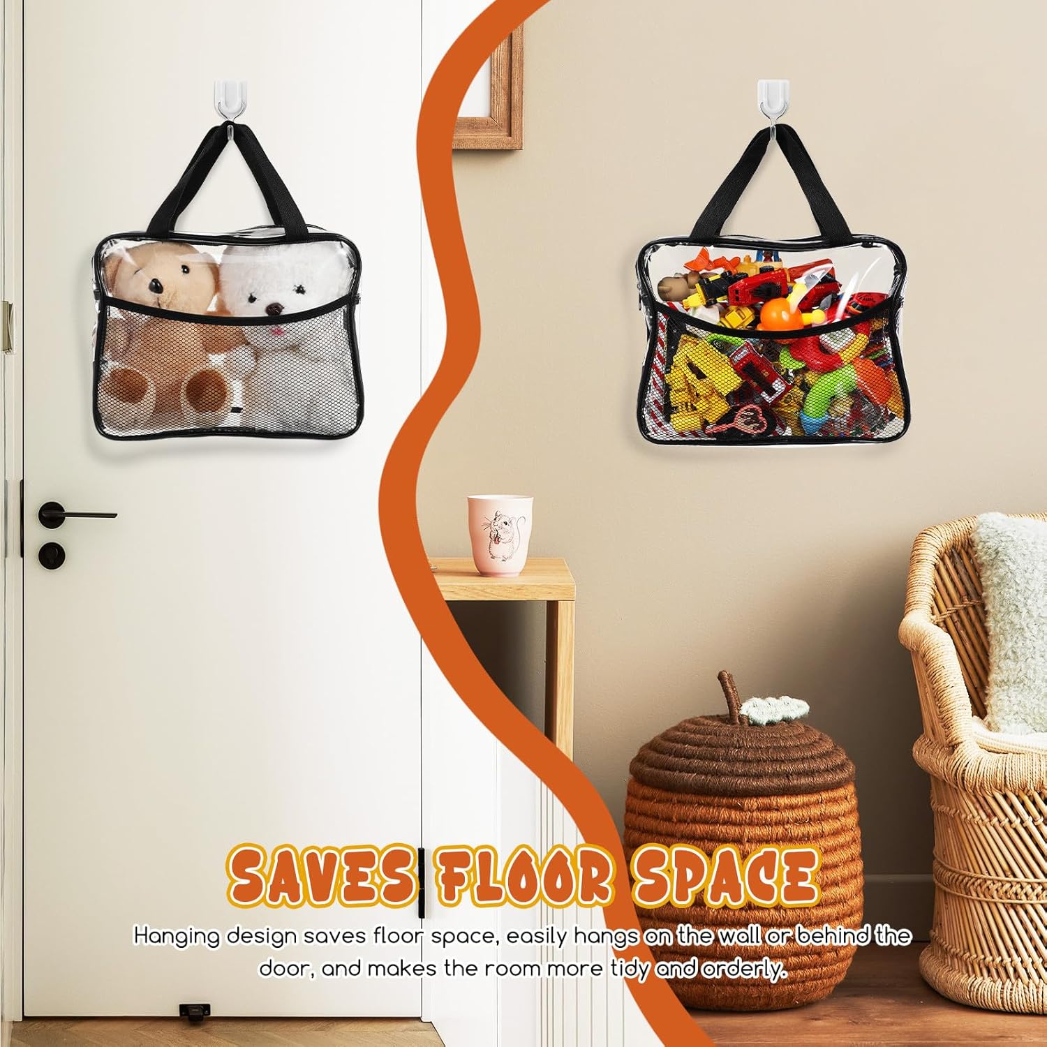 TEHAUX 4pcs Clear Toy Storage Bags: 12 X 9 Inch Pvc Waterproof Hanging Organizer With Mesh Side Pockets For Toys Bedroom Living Room