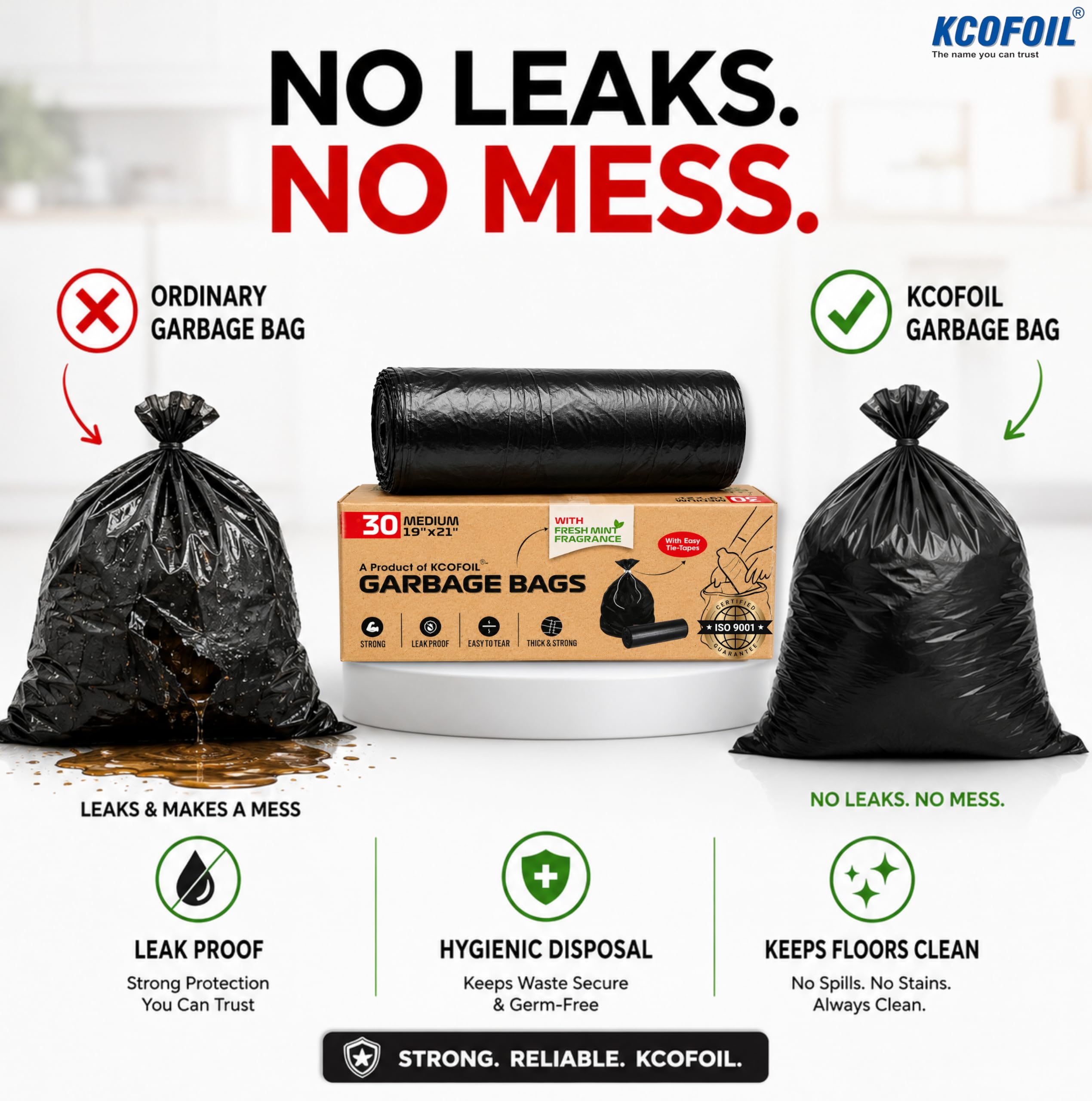 Black Garbage Bags for Dustbin | Medium | 90 Bags | 30 Bags X 3 Rolls | 19 X 21 Inches | Mint Fragrance | Tie-Tape | Strong & Leak Proof Trash Bags (Pack of 3) — Amazon image 6