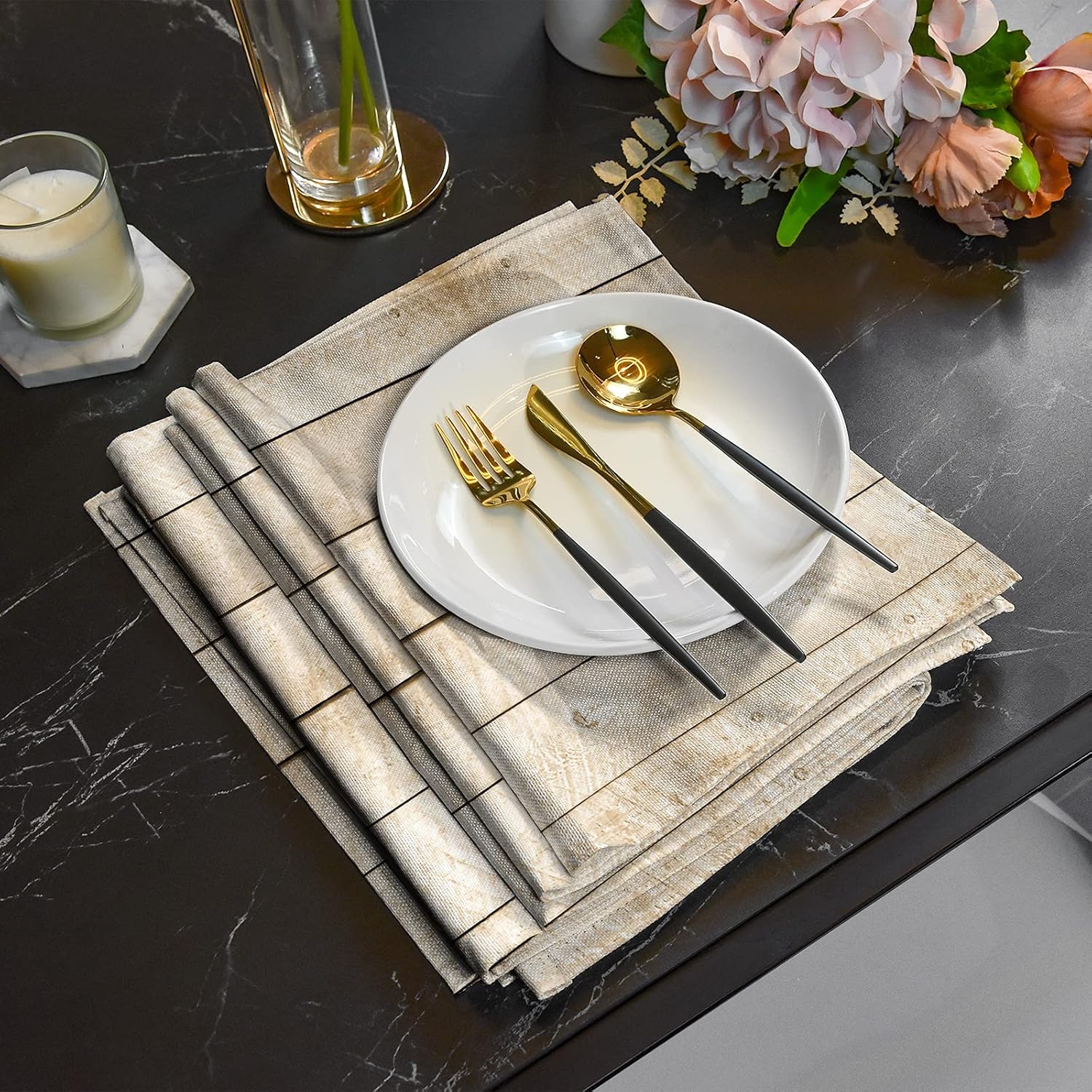 Beige Table Runner with 6 Placemats Retro Country Printing Table Mat for Kitchen Table Farmhouse Style Cotton Linen Heat Resistant Washable Table Runner Place Mats Set