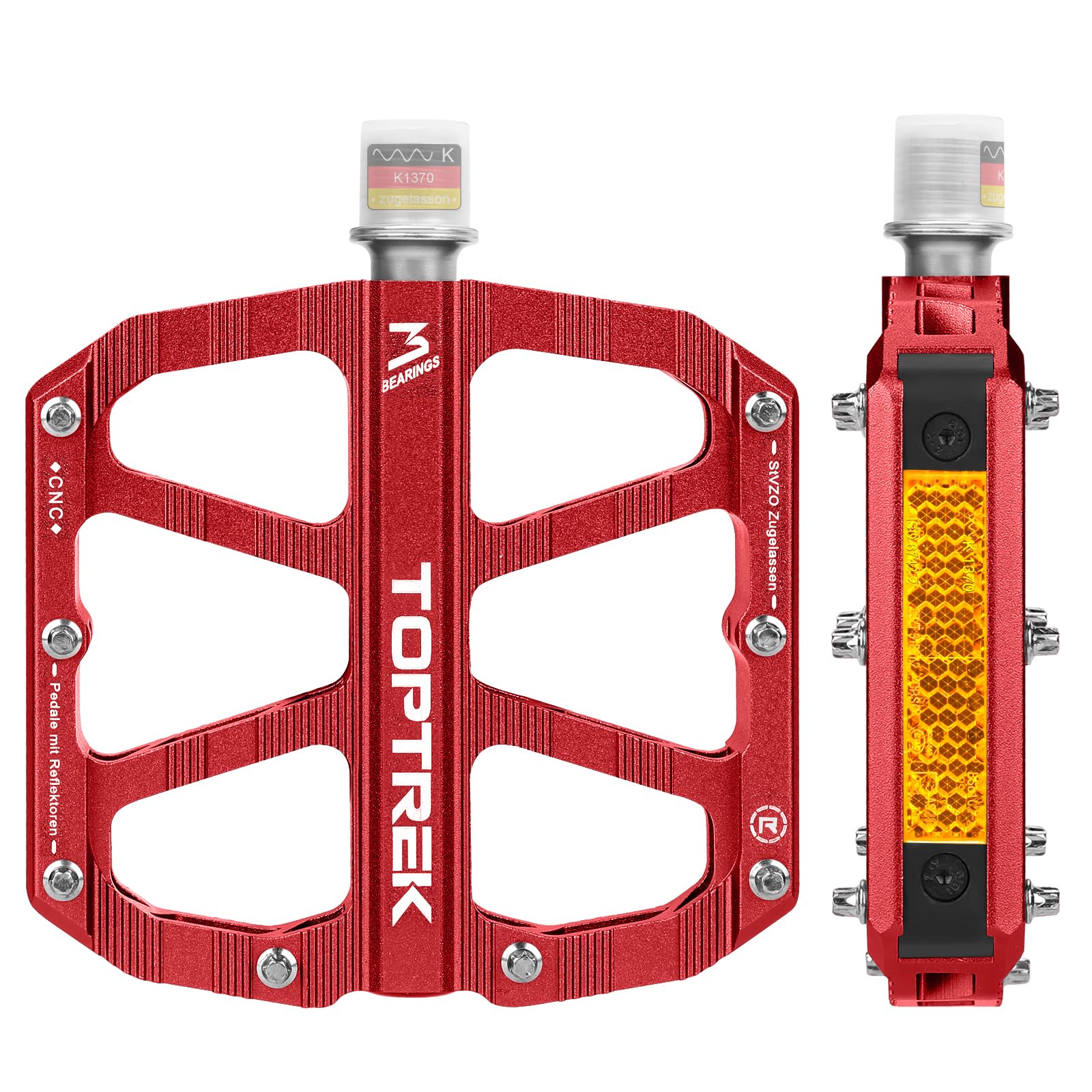 toptrek Fahrradpedale mit StVZO Zugelassen Reflektoren, CNC Aluminium Pedale Fahrrad MTB Pedale rutschfest mit 3 Abgedichtete Lager für Mountainbike, BMX, E-Bike, Rennrad