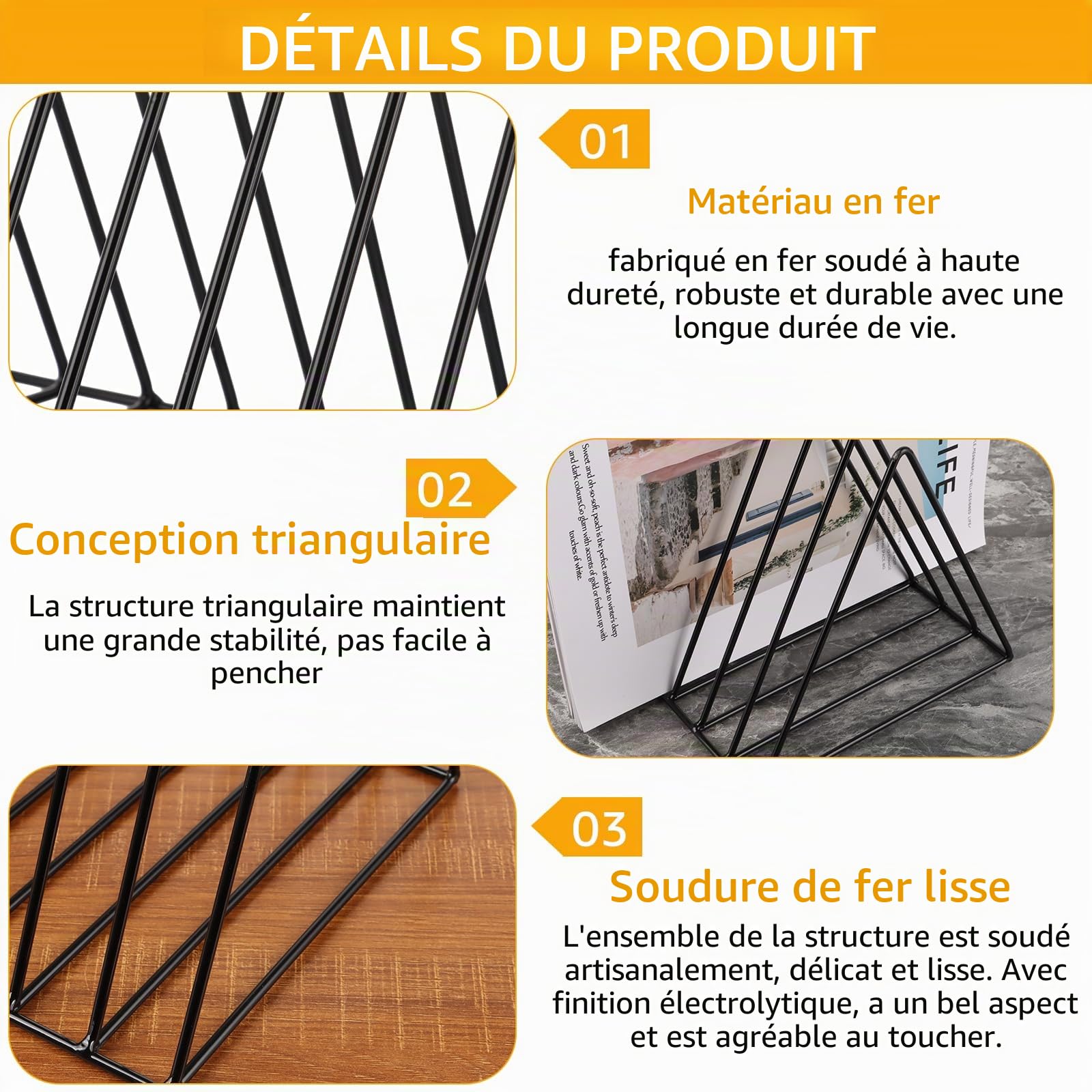 Lot de 4 Rangement/Étagère vinyle Porte-magazines, Noirs, en métal, 9 emplacements, triangulaire, Support à disques Magazines Livres | Déco