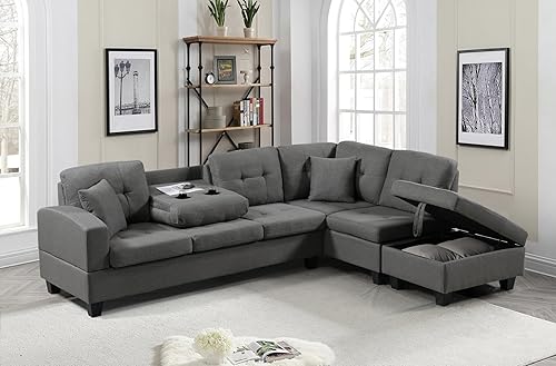 EMKK Juegos de muebles de sala de estar, sofá seccional moderno en forma de L con 2 almohadas y otomana, sofá tapizado de tela extra ancha diván