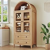 HUAHUU 71" Tall Arched Pantry Cabinet with 2 Drawers, Adjustable Shelves & Glass Doors - Kitchen Storage Hutch Natural