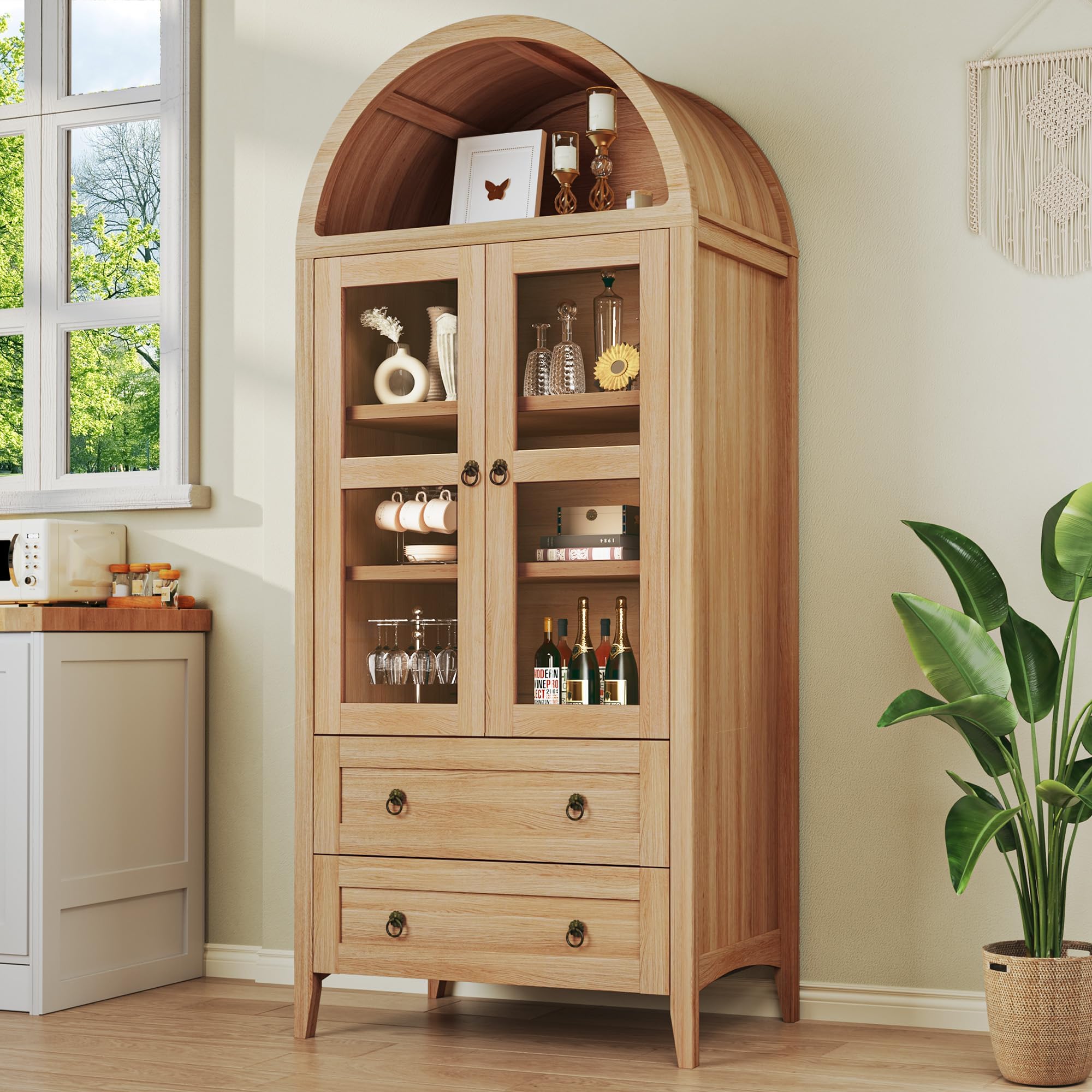 71" Tall Pantry Cabinet, Arched Cabinet, Kitchen Storage Cabinets with 2 Large Drawers & Adjustable Shelves & Glass Door for Living Room, Kitchen, Dining Room, Natrual