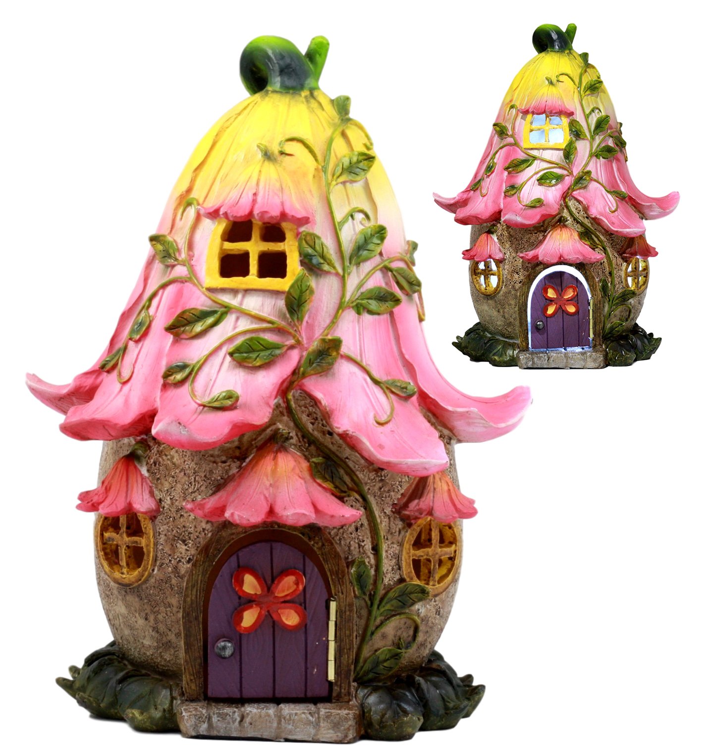 Ebros Gift Ebros LED Light Up Miniature Enchanted Fairy Garden Trumpet Lily Cottage House with Moving Door Figurine
