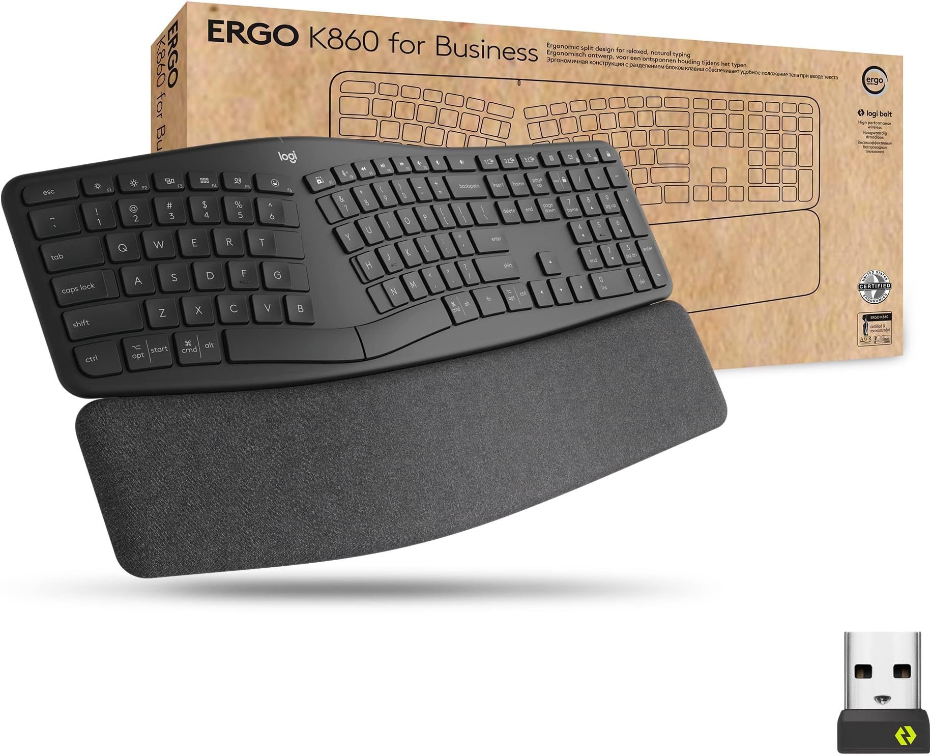 Ergo K860 Split Wireless Keyboard for Business - Ergonomic Design, Secured Logi Bolt Technology, Bluetooth, Globally Certified, Windows/Mac/Chrome/Linux - Graphite