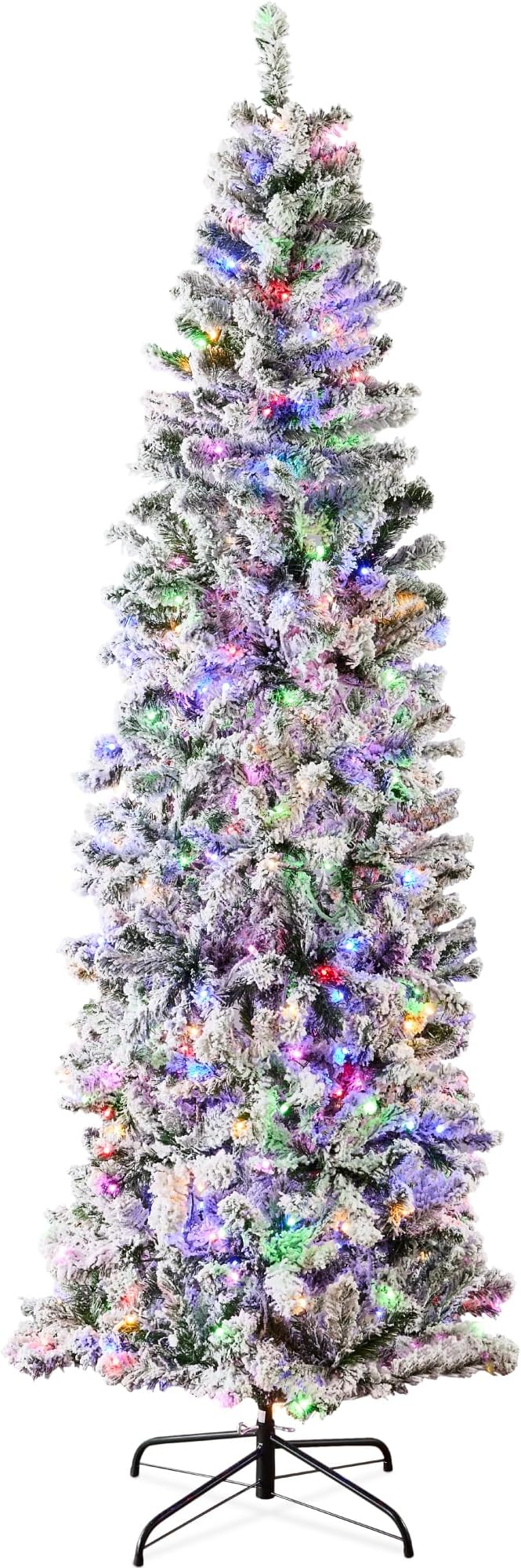 Best Choice Products Flocked Pencil Christmas Tree, Pre-Lit Slim 12ft Artificial Holiday Decoration, 2-in-1 White & Multicolor Lights, Lighted Decor