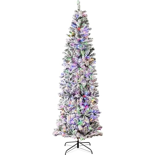 Best Choice Products Flocked Pencil Christmas Tree, Pre-Lit Slim 4.5ft Artificial Holiday Decoration, 2-in-1 White & Multicolor Lights, Lighted Decor