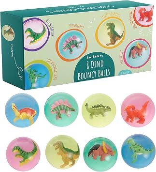 THE TWIDDLERS 8 Pack Dinosaur Bouncy Balls 4.2cm - Rubber Balls with 3D Mini Figures Inside for Kids Party Bag Fillers and Classroom Prizes, Educational Rewards