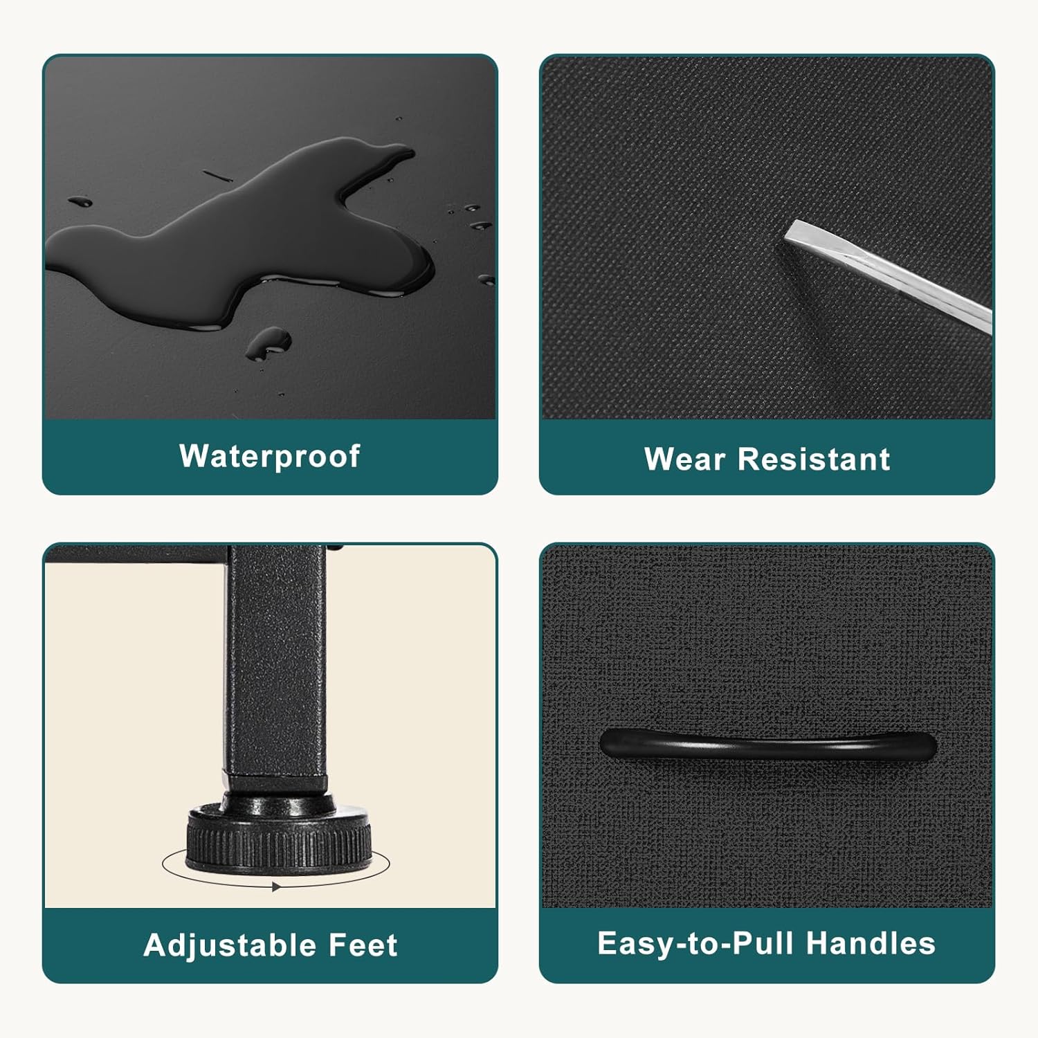Four panels illustrating product features: waterproof top, wear-resistant fabric, adjustable feet, and easy-pull handles.
