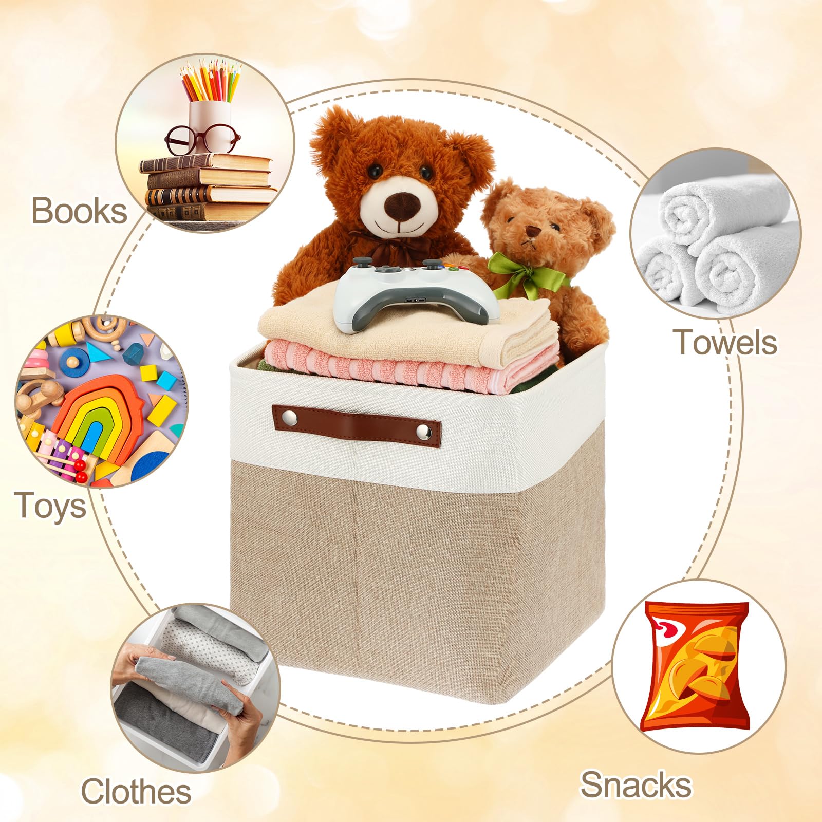 Uiifan Faltbare Aufbewahrungskörbe aus Stoff, faltbar, mit Griffen, Stoff-Organizer, Leinen-Regalkörbe für Regale, Zuhause, Schrank, Kinderzimmer, Spielzeug (30,5 x 30,5 x 30,5 cm, Beige und Weiß), 10