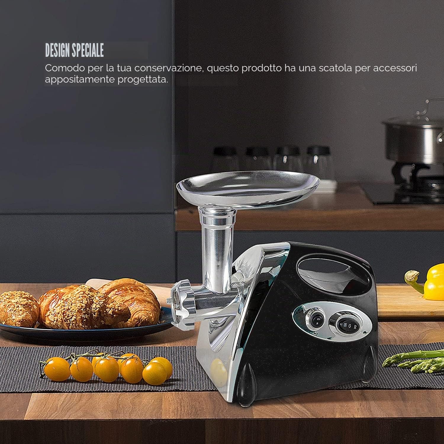 Tritacarne elettrico, 2800 W, con insaccatrice e 3 piastre di macinatura, in acciaio inox
