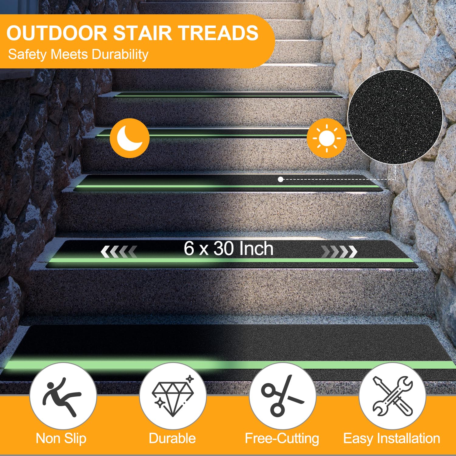 Outdoor Stair Treads for Wooden Steps Non Slip,15 Pack 6" x 30"Glow in The Dark Anti Slip Tape for Stairs,Waterproof Weather Resistant Grip Tape,80-Grit High Traction Adhesive Non Slip Stair Treads