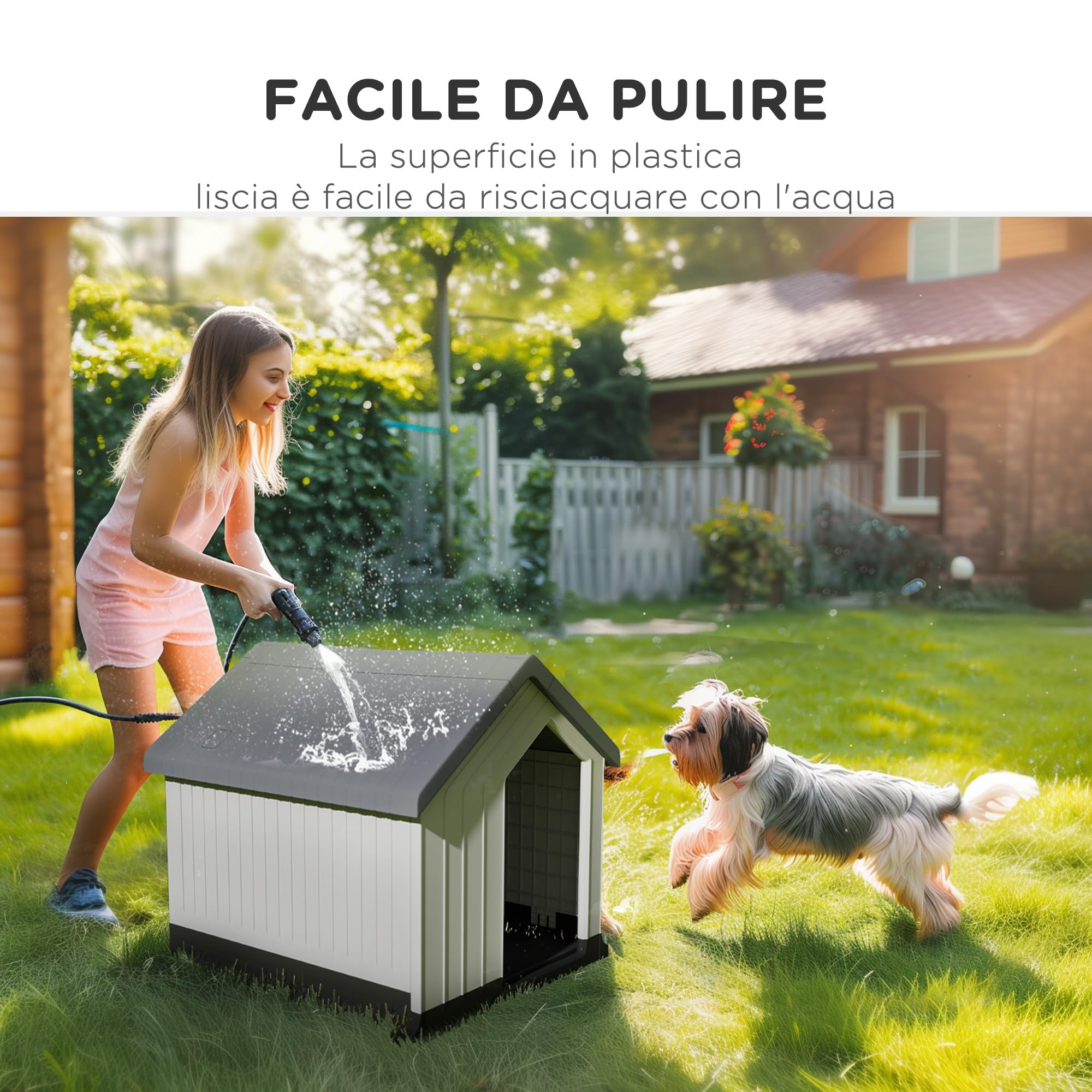 PawHut Casetta per Cani da Esterno Impermeabile Porta 62x61x60 cm Grigio | Cuccia per Cani Piccoli e Mini fino a 10 kg, con Finestra, Facile da Montare