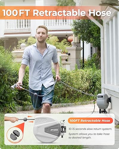 Miniatura 9 de Ayleid Carrete de manguera de jardín retráctil, carrete de manguera montado en la pared de 1/2 pulgada x 100 pies, con boquilla rociadora de 9 Gris-A