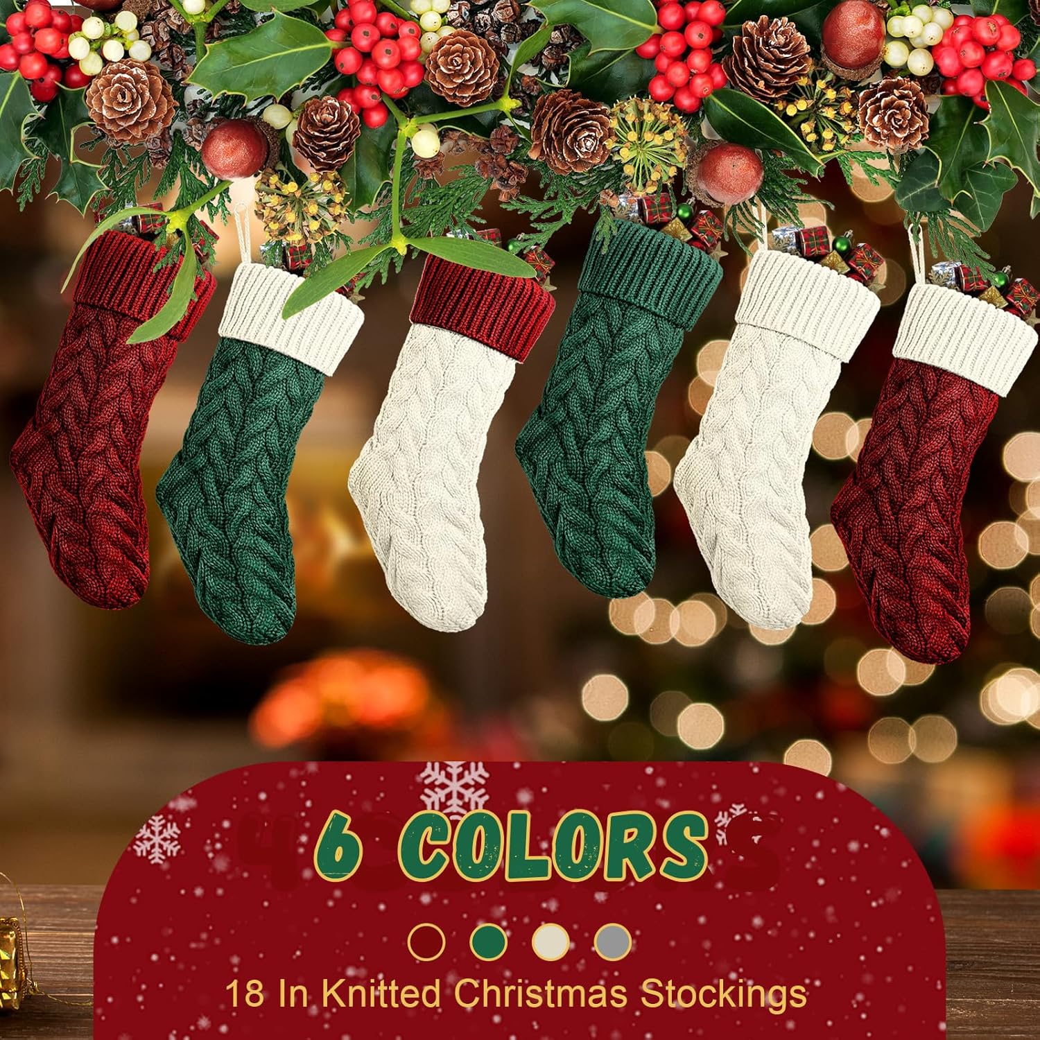 Vinsot 12 Pcs Christmas Stockings Bulk 18 Inches Large Rustic Cable Knitted Christmas Stocking Fireplace Hanging Stockings Gifts for Family Holiday Xmas Party Decorations (6 Colors)