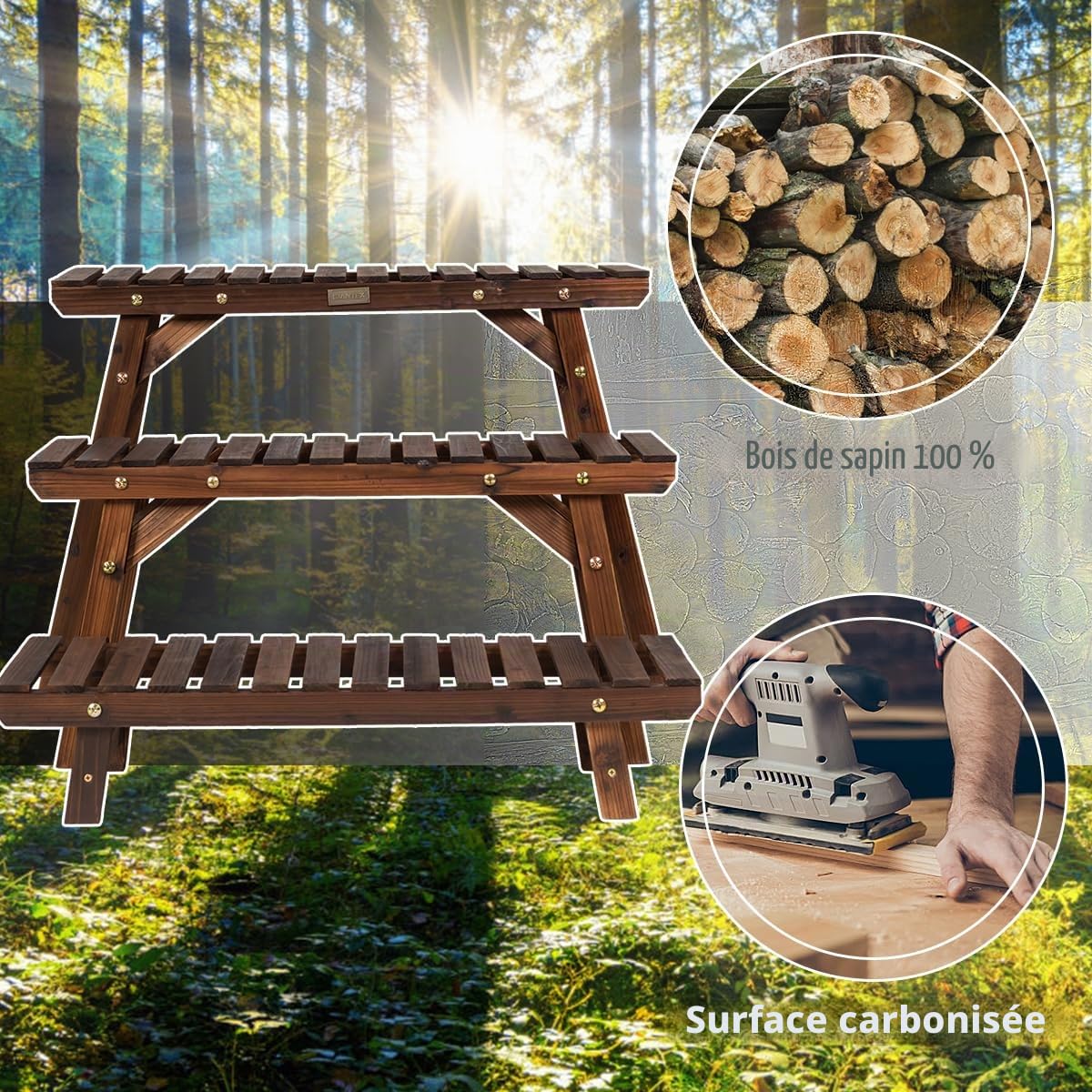 Étagère pour plantes en bois à 3 Etagères Interieur et extérieur, Support Plantes, Présentoir, Porte Plantes, Piédestal à Echelle pour Salon Balcon Terrasse Jardin