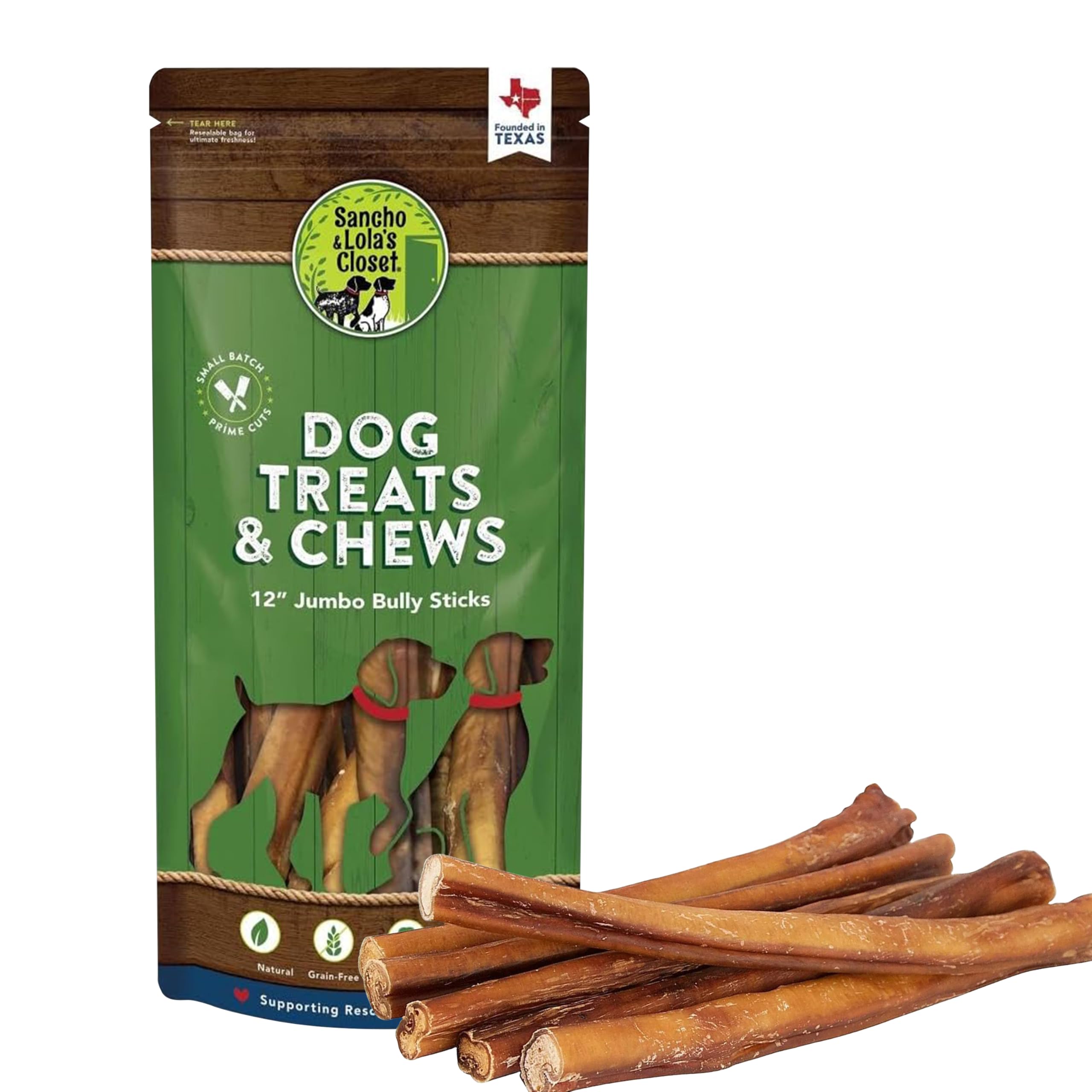 Supreme 12-inch Jumbo Bully Sticks by Sancho and Lola’s (5 Pack) All-Natural, Long-Lasting Dog Chew Treats - Free-Range, Grass-Fed Beef - Low Odor