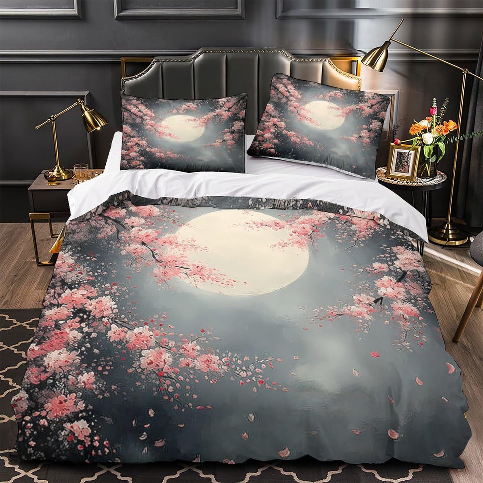 Housse de Couette Microfibre 200x200 Fleurs de Cerisier 3D Drap Anti-Décoloration