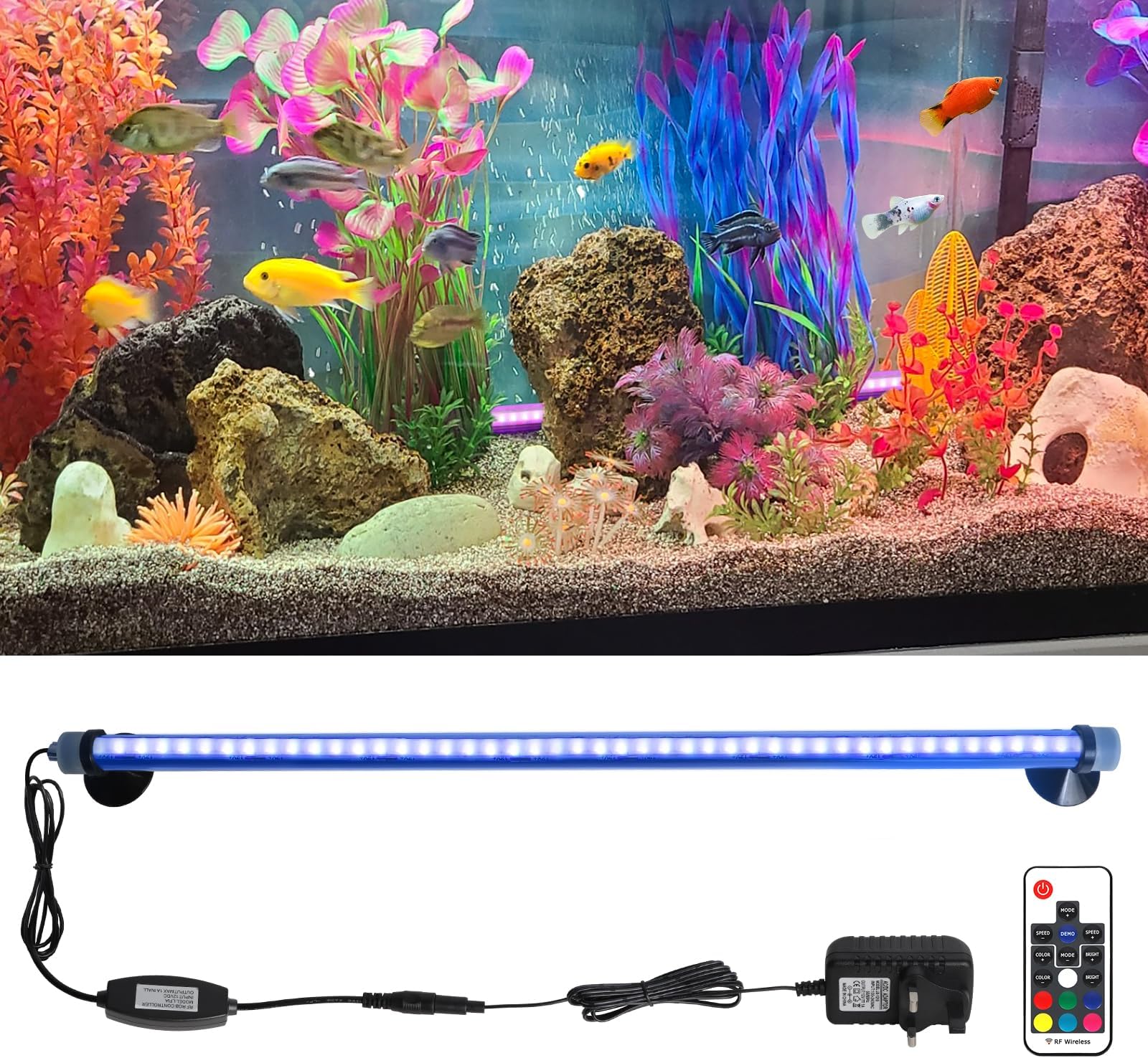 LED Submersible Fish Tank Light: Waterproof Underwater Fish Lamp with COB Lights Strips - Adjustable Brightness RGB Colors Led Light with Remote and Suction for Aquarium Tank - 50cm