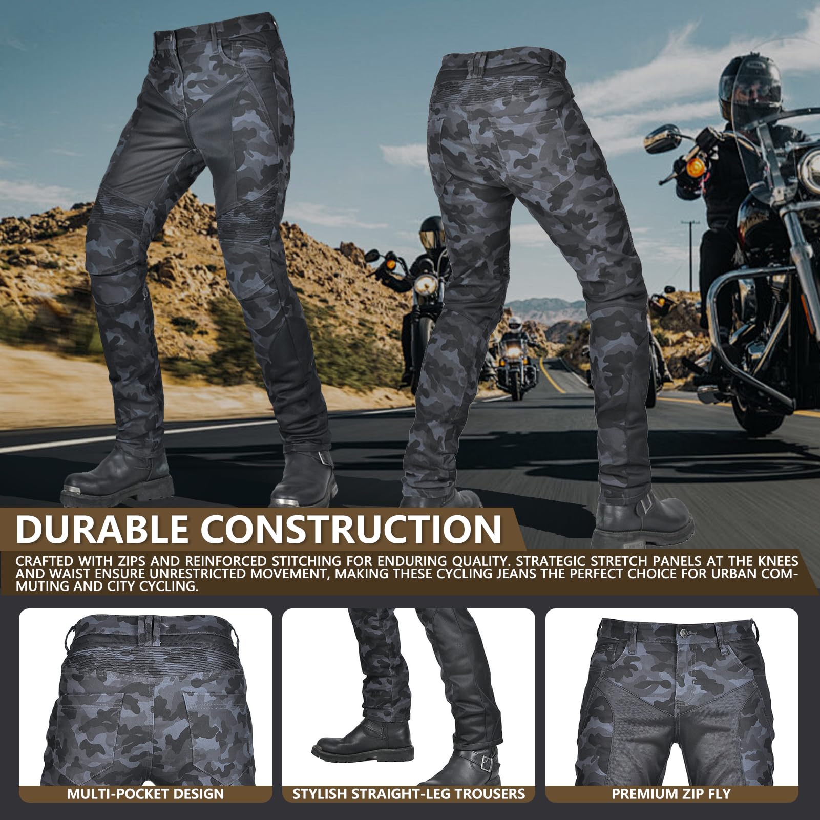 Homme Pantalon de Moto, Pantalon Moto Anti-Chute Respirant en Maille D'été Camouflage, avec Coussinets Protection CE Amovibles Jeans de Pantalon d'armure