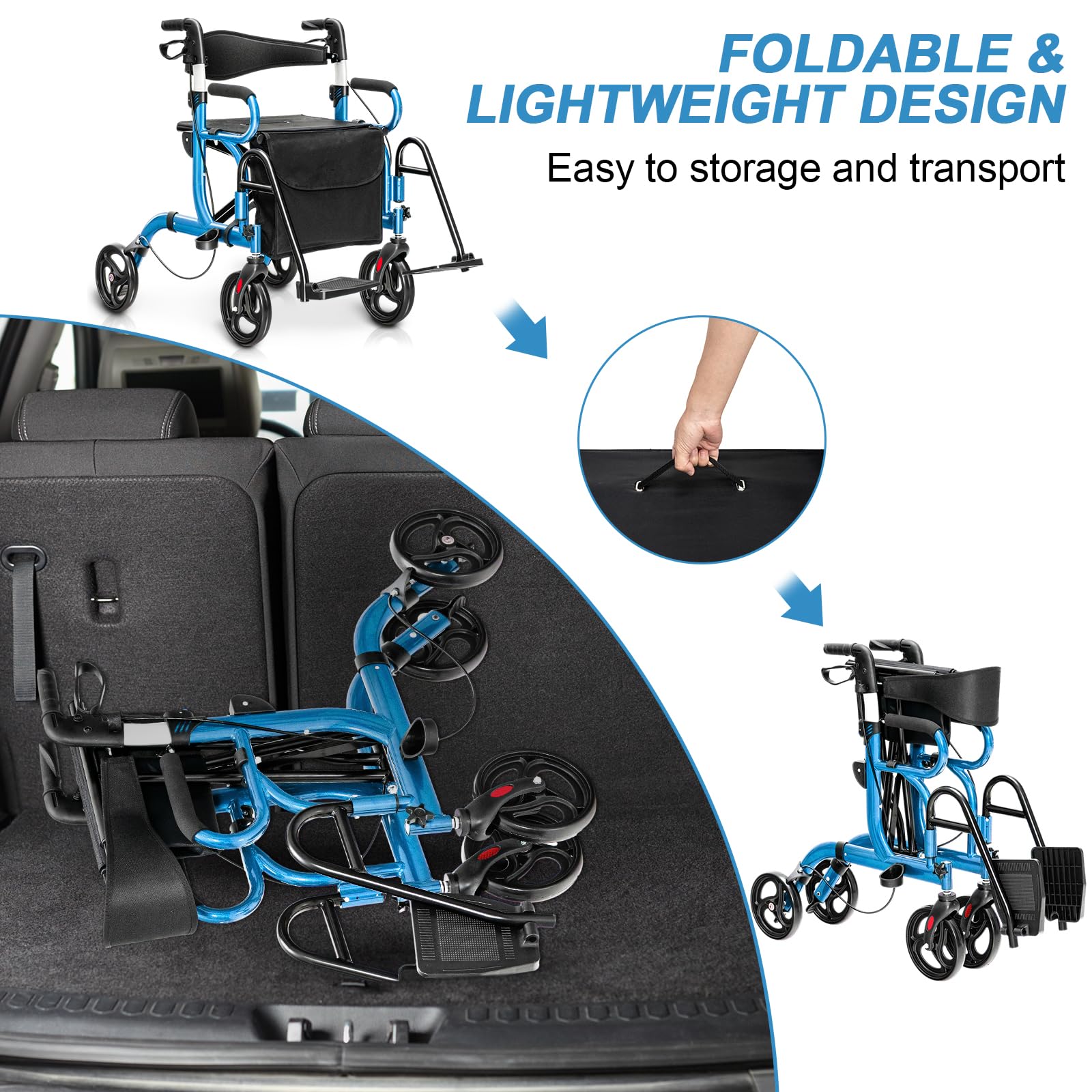 GOPLUS Andador 2 en 1 con Asiento, Ayuda para Caminar Plegable con Altura Ajustable, Respaldo Reversible, Bolsa de Almacenamiento, Silla de Transporte de Aluminio Ligero con Ruedas de 20,3 cm (Azul)