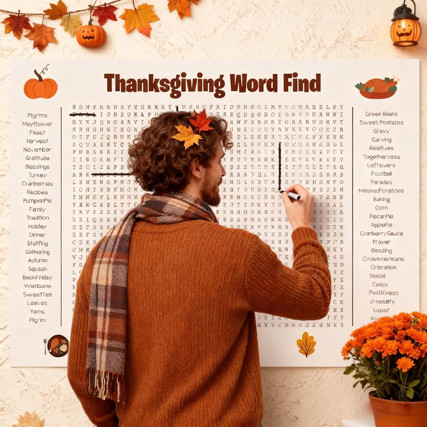 AyeBeau Thanksgiving Word Search Poster, Giant Holiday Word Find Wall Poster for Thanksgiving and Christmas, 36" X 24" Wall Game with 50 Words for Family Holiday Party Activity (Thanksgiving) - Image 7