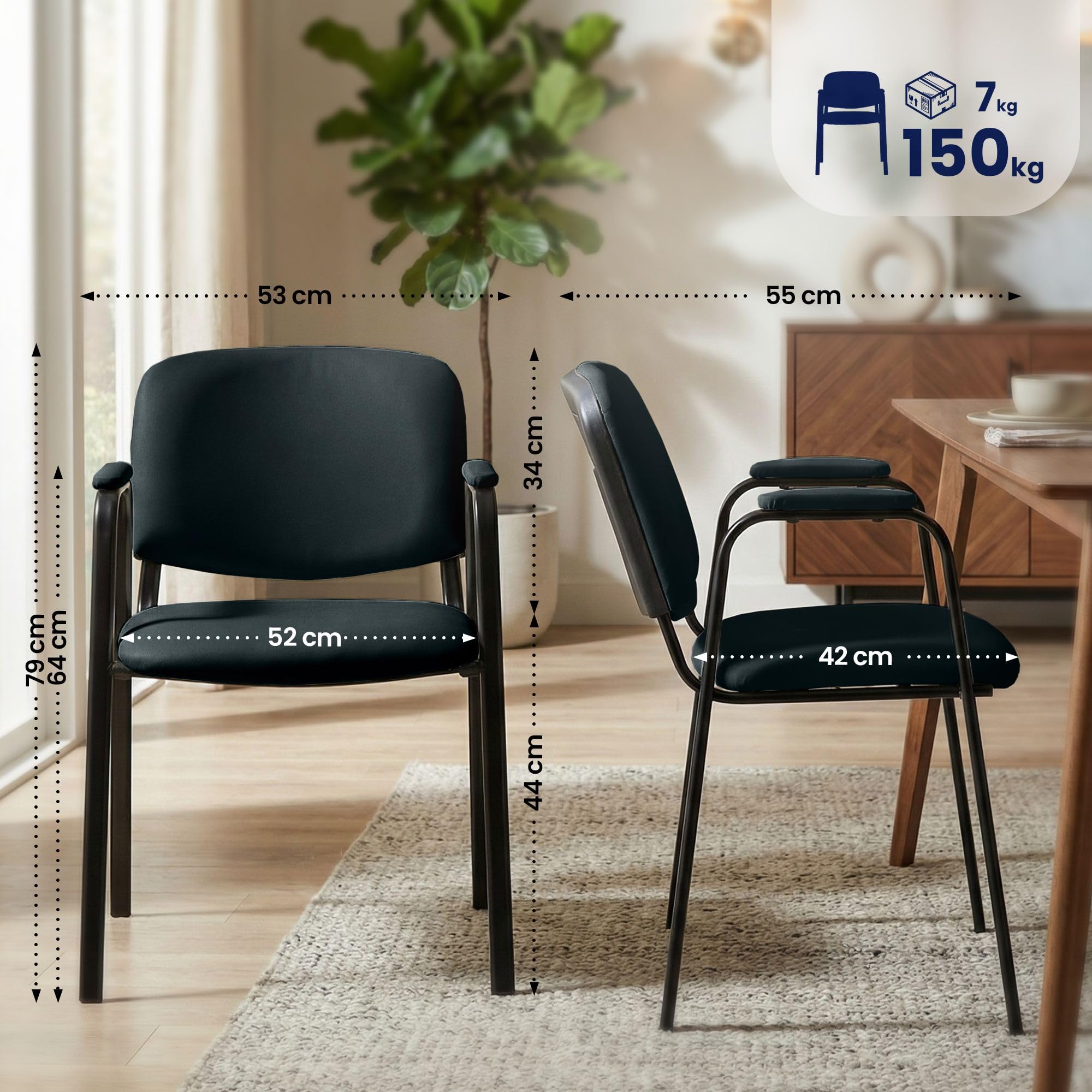 CLP Set 4 Sillas Apilables Ken Pro con Reposabrazos Acolchados, Sillas Conferencia Piel Sintética, Estructura Metal Negro Resistente 150 kg, Color:Negro