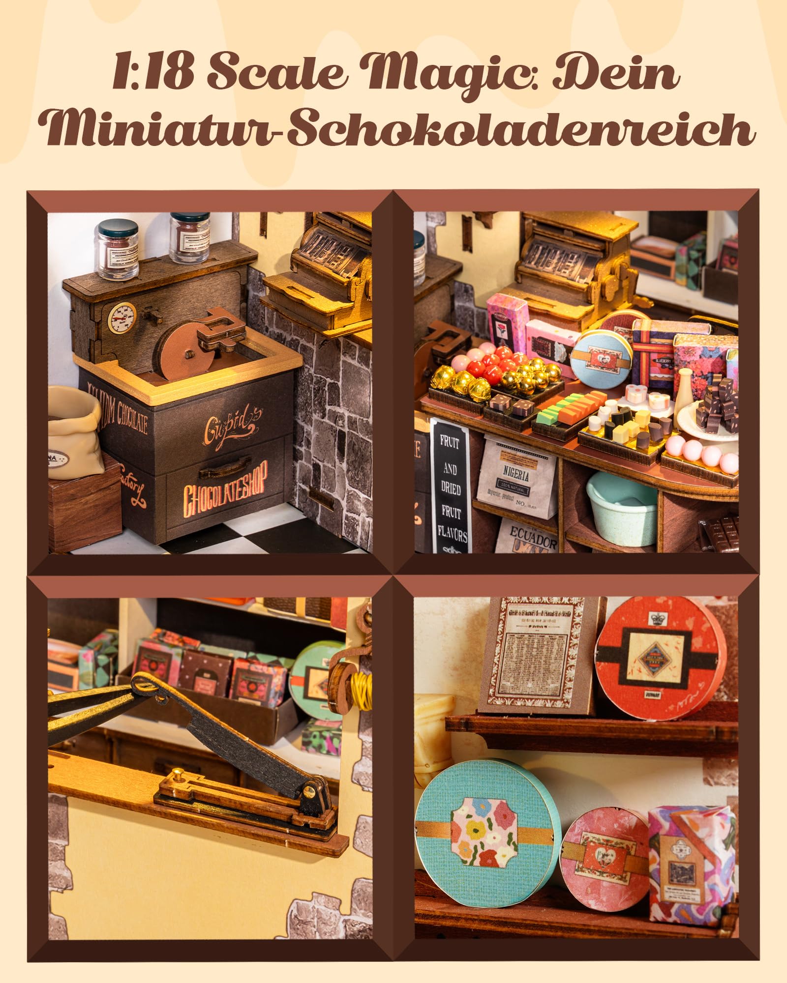 Rolife Miniatur Haus Henrys Schokoladenladen, 330-teiliges Mini Haus Selber Bauen Bastelset Erwachsene für Jugendliche Kein Kleber erforderlich, Puppenhaus Tiny House Bausatz 3D Puzzle Book Nook