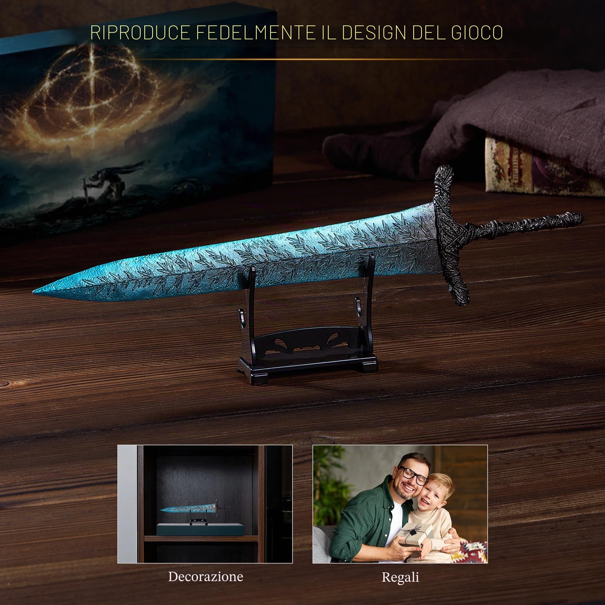 RACEROCKET Elden Ring Mandoble Luna Oscura - Spada dritta da cavaliere, modello da 30 cm, spada artigianale in metallo con supporto da esposizione, spade per arti marziali, action figure giocattolo