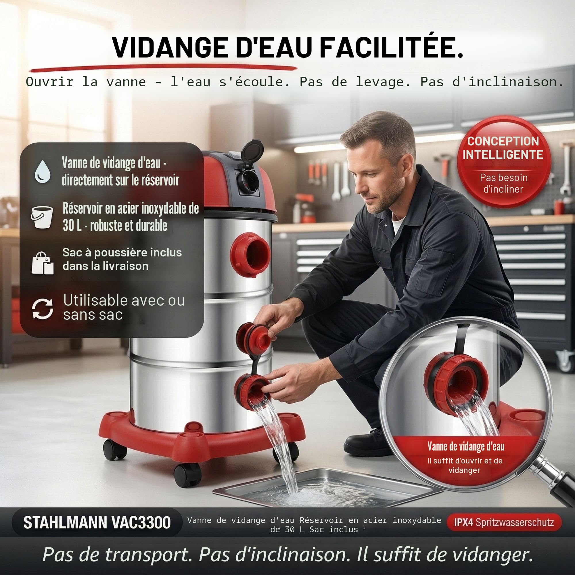 STAHLMANN VAC3300 Aspirateur industriel - Réservoir de 30 l - Prise intégrée - Puissant 3300 W - Avec et sans sac - Fonction soufflage - Connexion machine - Appareil professionnel - Aspirateur