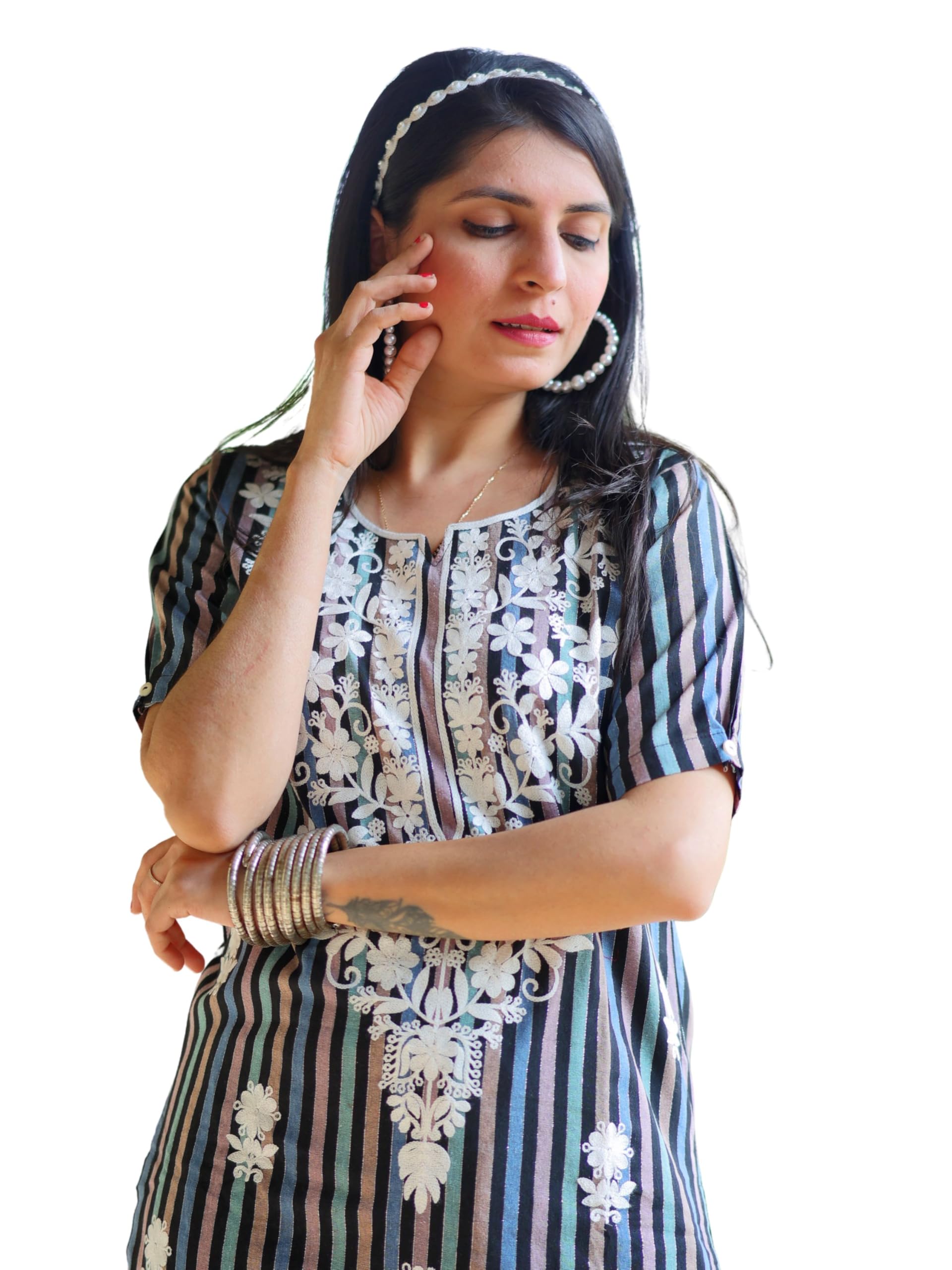 Campus Sutra Women's Cotton Blend Straight Fit Stripted Straight Chikanakri Embroidery Kurta in neutral