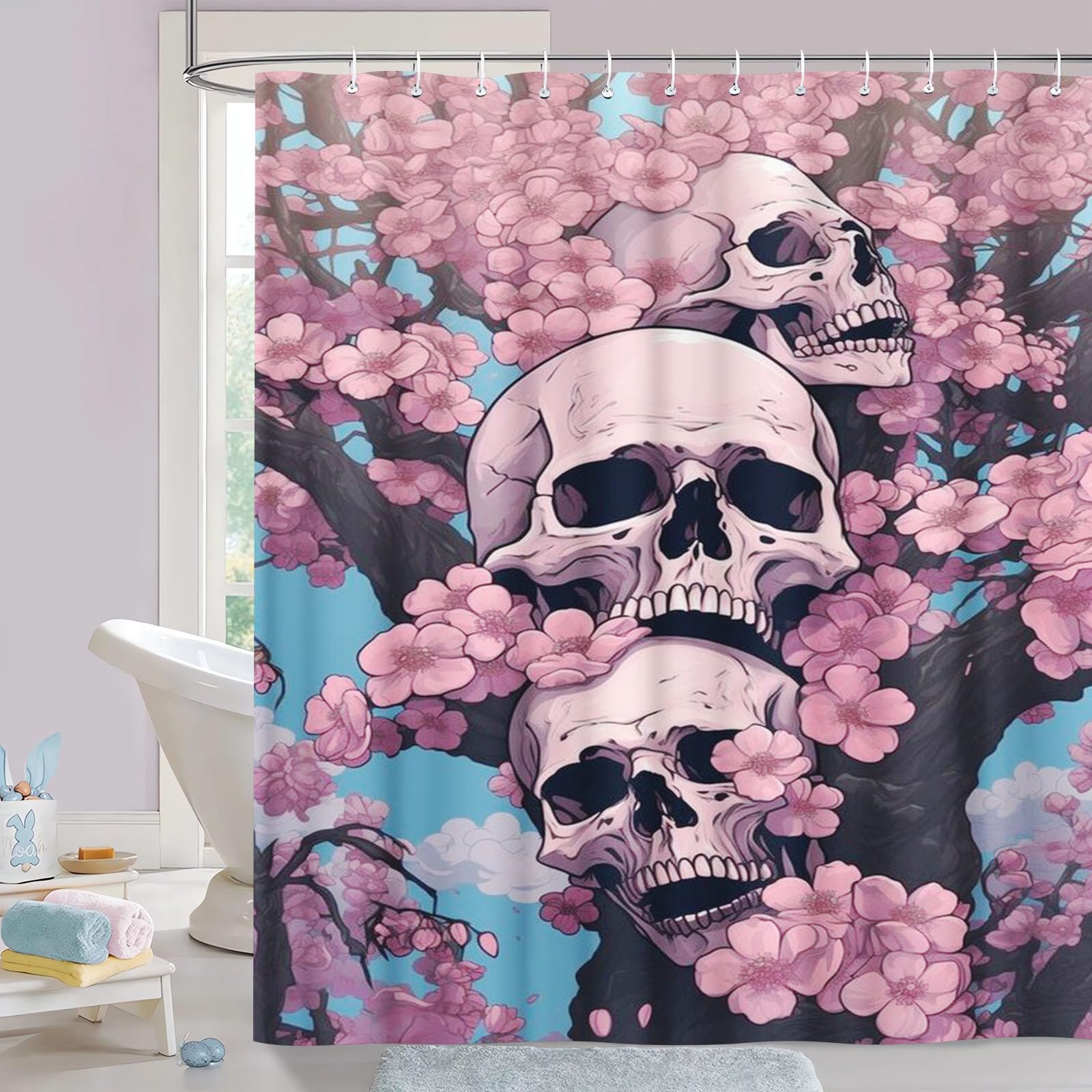 Lot de 4 rideaux de douche motif tête de mort - 180 x 200 cm - 180 x 180 cm - Motif tête de mort - En polyester imperméable - 3D - Tapis de salle de bain (180 x 180 cm, 3)