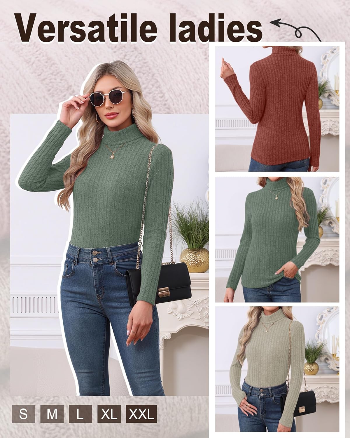 3 Pack Women's Long Sleeve Turtleneck Shirts Ribbed Knit Slim Fit Undershirts Basic Thermal Underwear Tops - Image 6