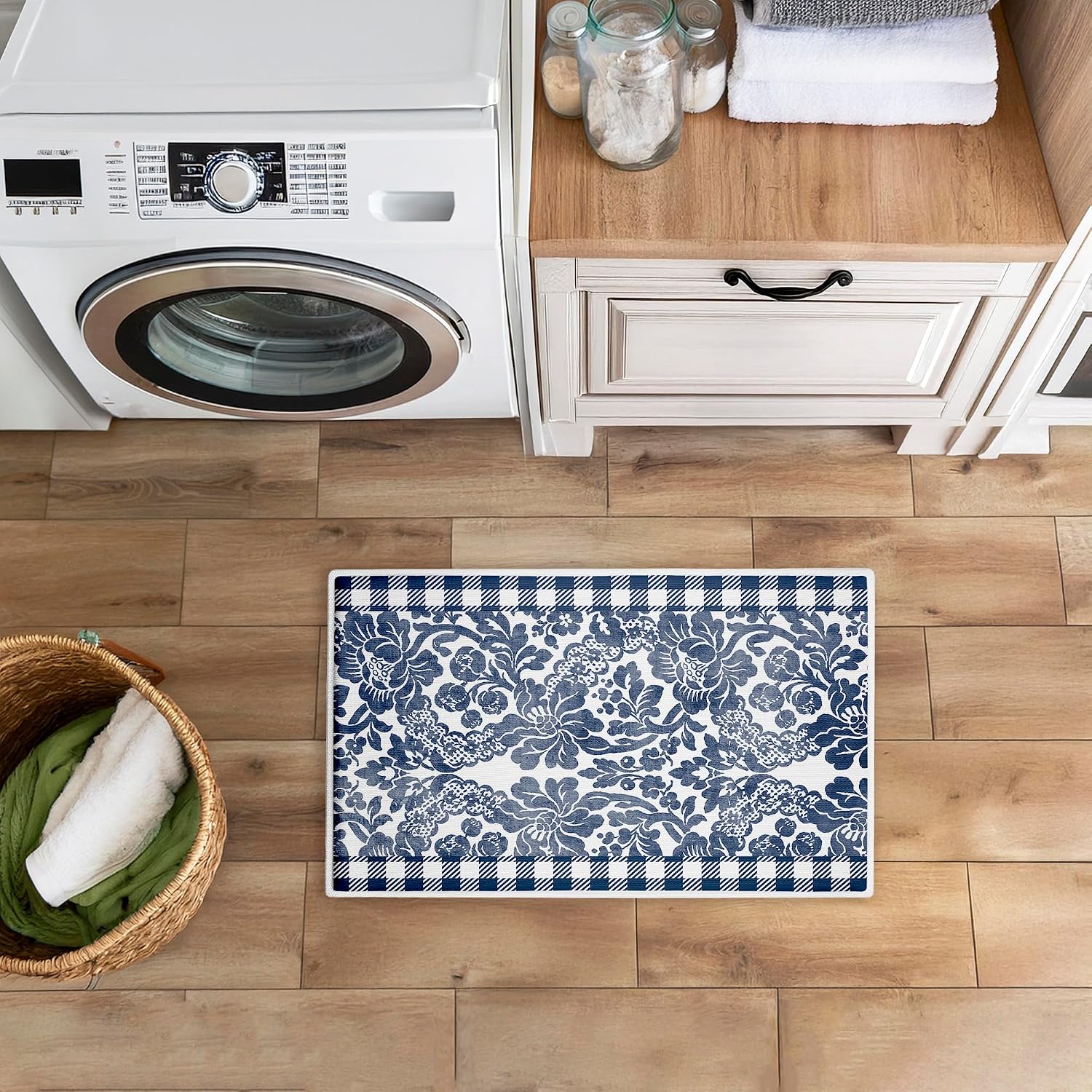 Stupell Industries Navy Gingham Florals Plush Bathroom Mat & Bath Rug, Soft Quick-Dry Non-Slip Bathroom Rug with Recycled Foam Cushion, Farmhouse Country Floral Pattern Design by Kim Allen, 18"x30"