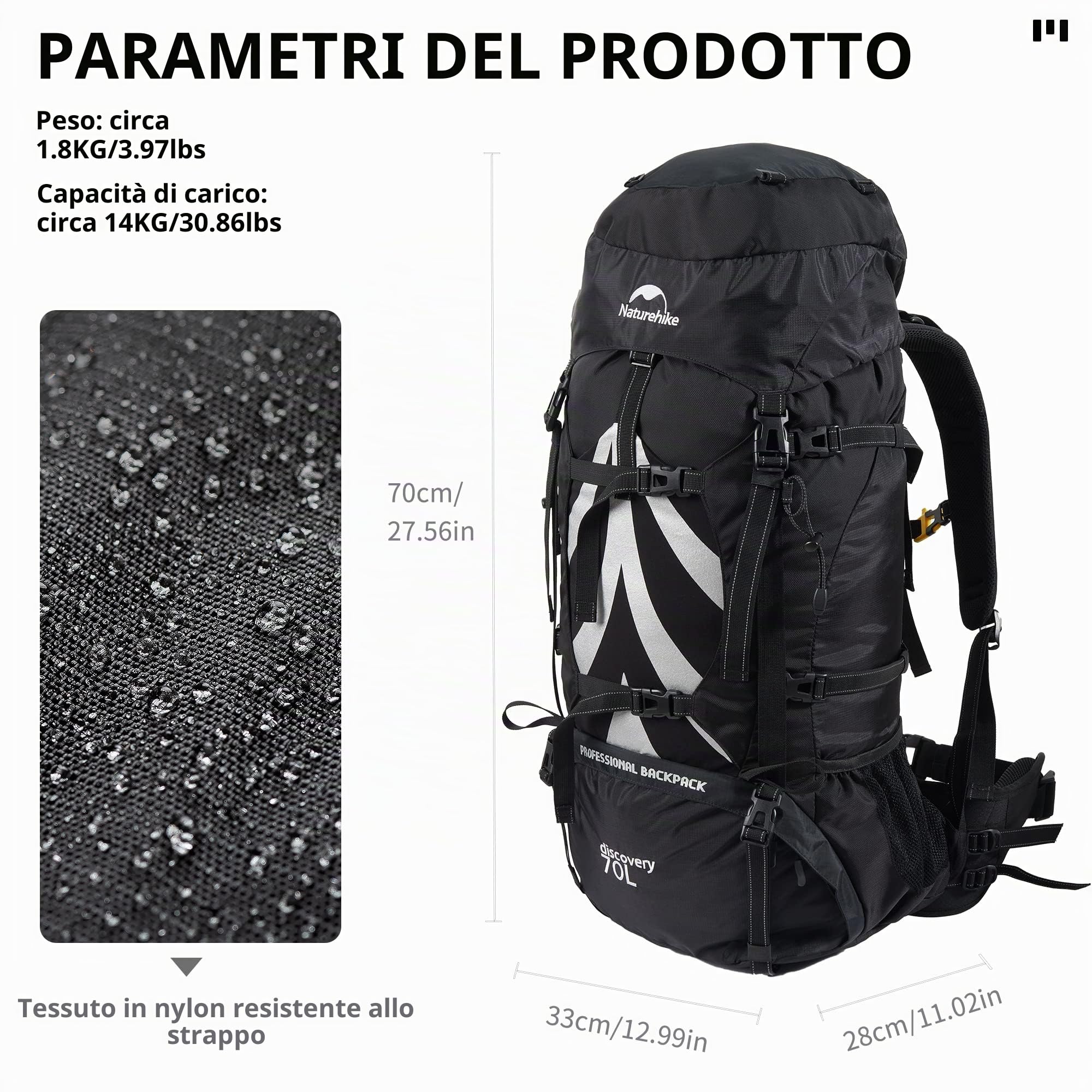 Naturehike Zaino da Trekking 70L Uomo Donne Zaino da Trekking Ultraleggero Impermeabile Grande Zaino da Viaggio con Copertura Pioggia per Outdoor, Alpinismo, Campeggio (Nero)