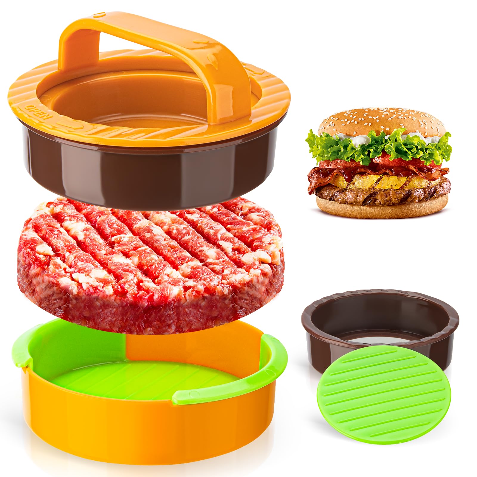 Execent Upgraded 3 in 1 Non-Stick Hamburger Press Patty Maker, Durable Burger Press for Stuffed Burgers, Sliders, Veggie & Beef Patties, Easy to Clean, Kitchen Gadgets for BBQ, Grilling & Barbecue