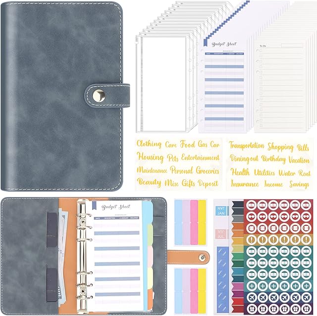 Uquelic Budget Binder Planner - A6 PU Ring Binder Savings Wallet, 12Pcs 6-Holes Punched Binder Pockets - Saving Cash Envelopes with Zipper, Expense Budget Sheets & Various Budget Stickers (Blue)