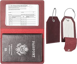 Genuine Leather Passport and Vaccine Card Holder Combo, Genuine Leather Set of 2 Luggage Tag