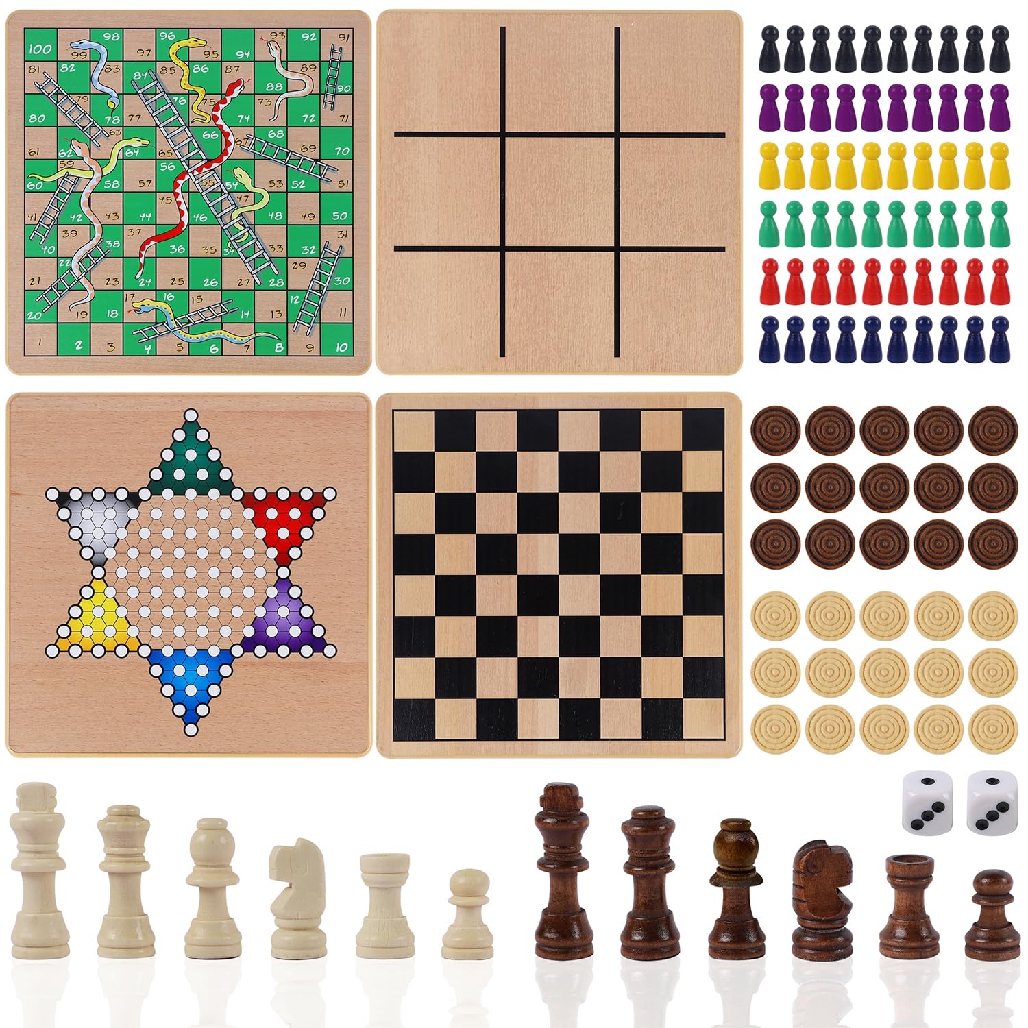 Glintoper Tavole di legno reversibili 5 in 1 per scacchi, dama, dama cinese, serpenti e scale, Tic Tac Toe, giochi da tavolo classici da viaggio portatili per bambini dai 6 anni in su