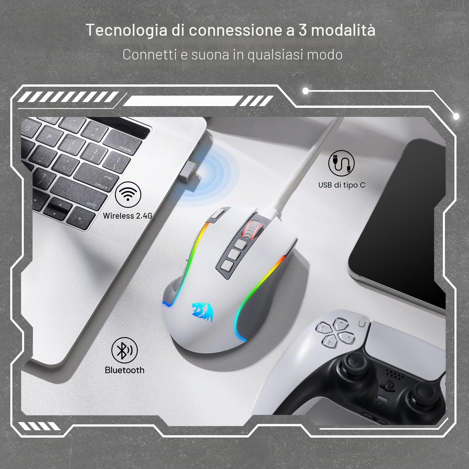 Redragon M612 PRO Mouse Gioco Wireless 8000 DPI 9 Tasti BT/2.4G