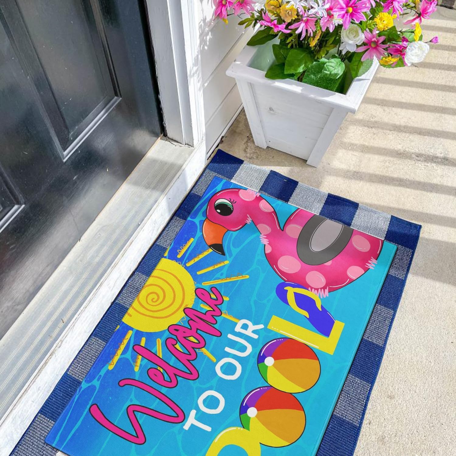 Summer Door Mat,Welcome to Our Pool Flamingo Indoor Outdoor Non-Slip Mat,Entryway Front Porch Farmhouse Summer Door Rug for Entrance Decor 30" x 17"