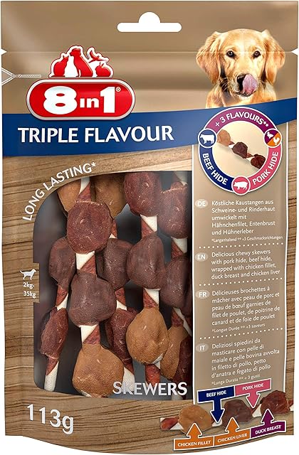 8in1 Triple Flavour Skewers pałeczki do żucia dla psów  przekąski do żucia z bardzo dużą ilością mięsa, woreczek 113 g (ok. 6 sztuk)