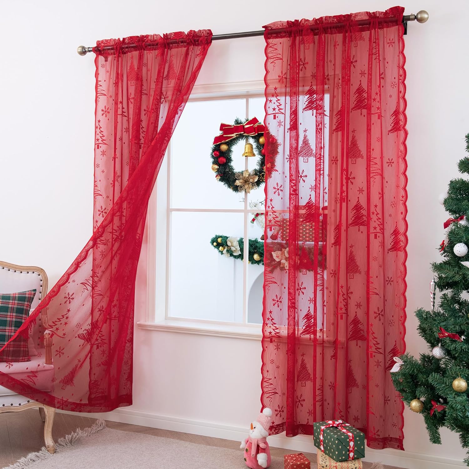 Christmas Lace Curtains 72 Inch Length, 2 Panels Tree Weave Sheer for Living Room, Farmhouse Embroidery Rod Pocket Holiday Sheer, Red 52 x 72 Inch