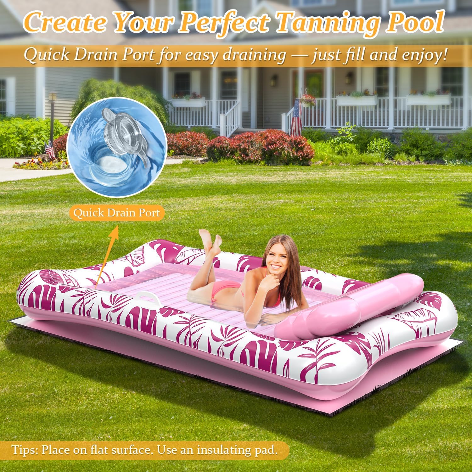 Rrtizan Inflatable Tanning Pool Rafts for Adults, 83.5" x 52.4" Adult Pool Floats with Pillow, Cup Holder & Handles, 4-in-1 Suntan Tub Raft Floatie for Pool, Backyard, Kids' Ball Pit