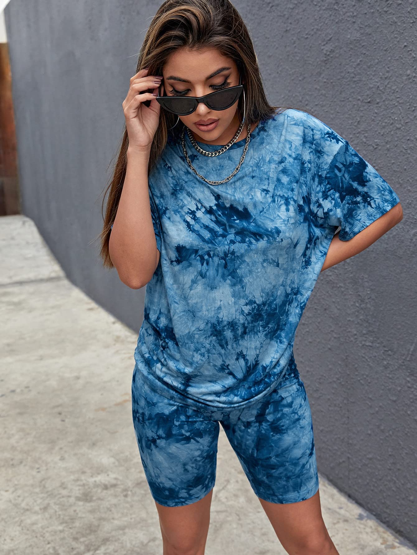 WOKEZ Tie Dye Tee & Biker Shorts Set (Color : Black and