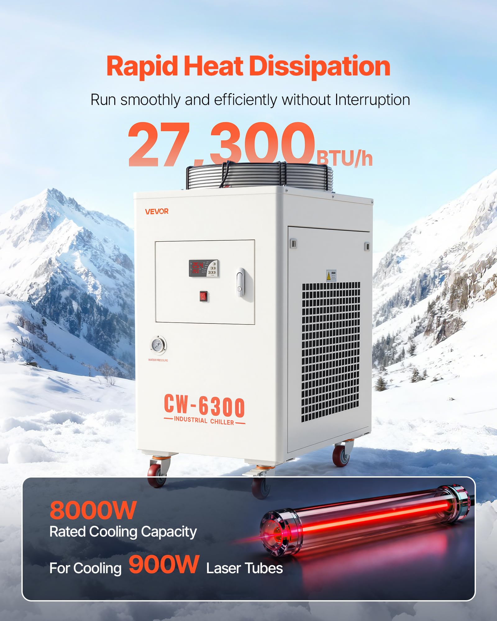 VEVOR Industrieller Wasserkühler 8 kW, Wasserkühlsystem mit Kompressor, 40 L Tank, max. Durchflussrate 70 L/min, Industrial Water Chiller für CO2-Laser-Röhrengravur- & Schneidemaschinen