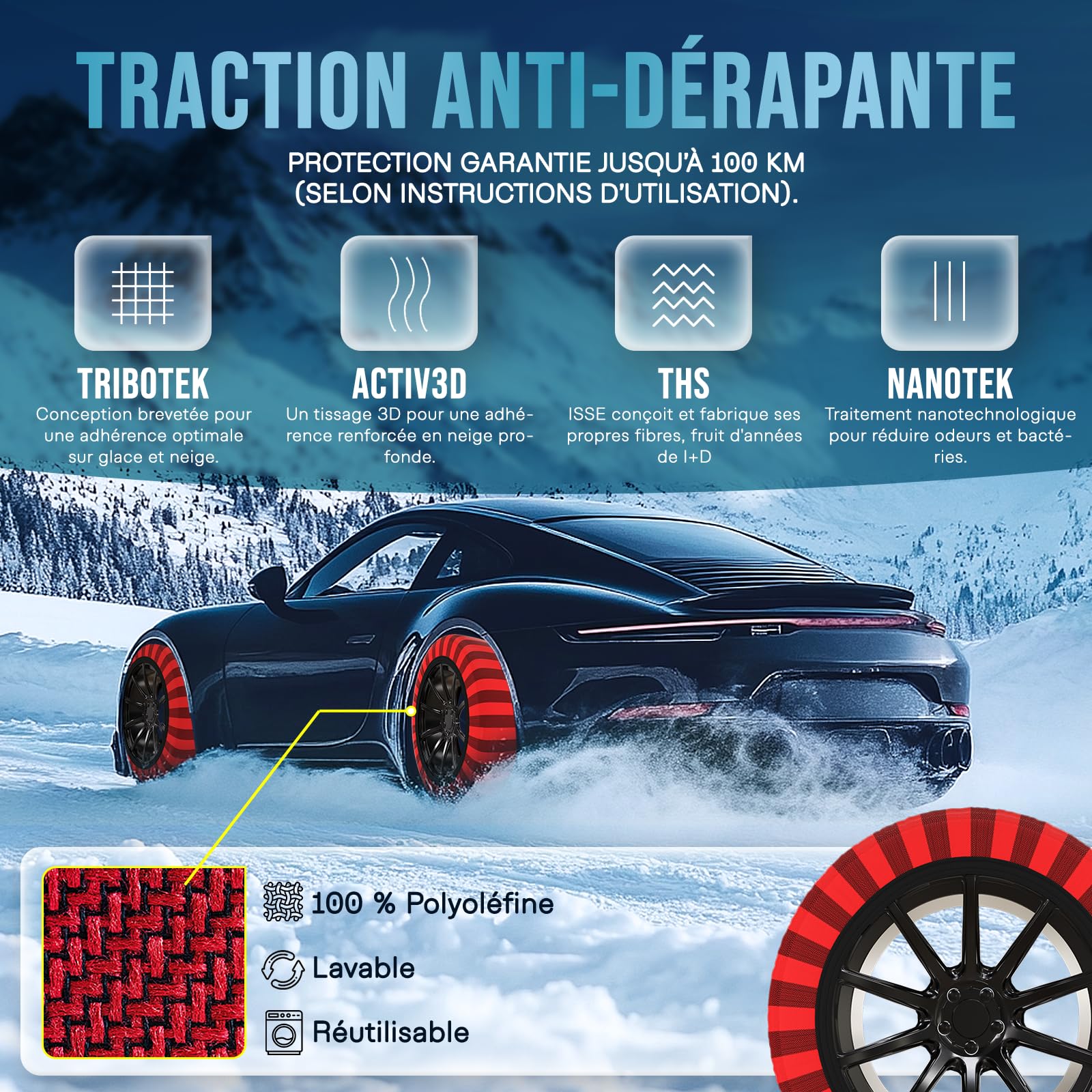 ISSE Chaussettes Neige T-70 | Textiles Homologuées et Haute Sécurité – Kit de 2 Chausettes pour Voitures + Gants, Rouge/Noire
