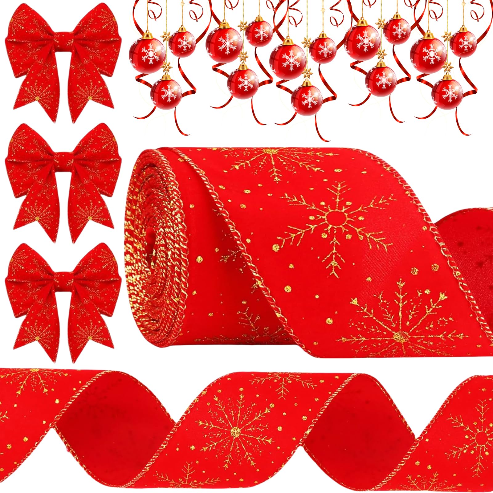 Christmas Ribbon, Christmas Decorations, 9.1m Soft Velvet Ribbons 63mm Xmas Tree Ribbon for Xmas Crafts Gift Wrapping, Wreath