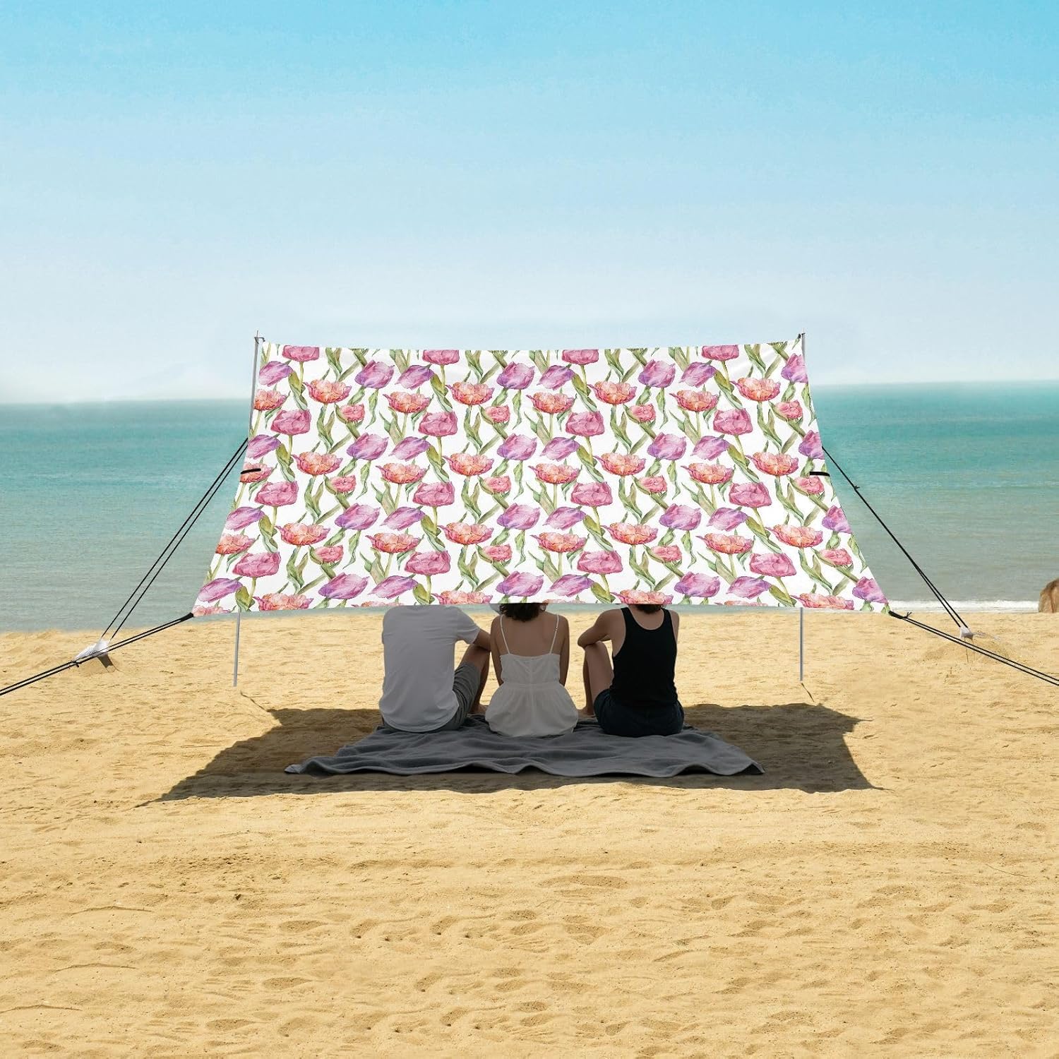ALAZA Tulip Flower Floral Watercolor Beach Tent Sun Shelter UPF50+ Protection Beach Shade Canopy w/ 4 Sandbags for Outdoor Camping, Fishing, Backyard Fun, Picnic, 10x9 ft